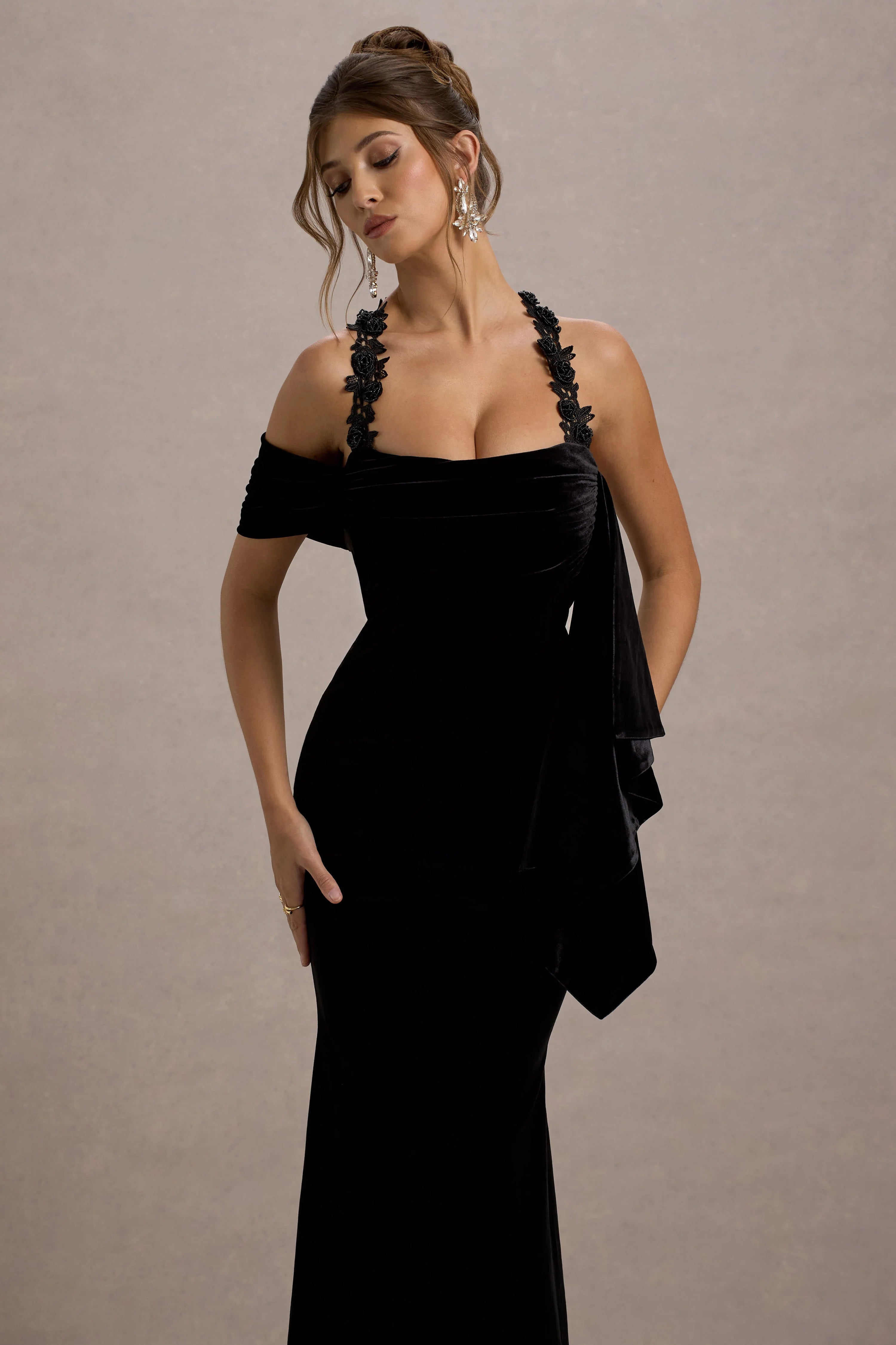 Charlize Black Velvet Halter Neck Draped Maxi Dress