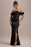 Senseless Black Satin Floral Bardot Maxi Dress