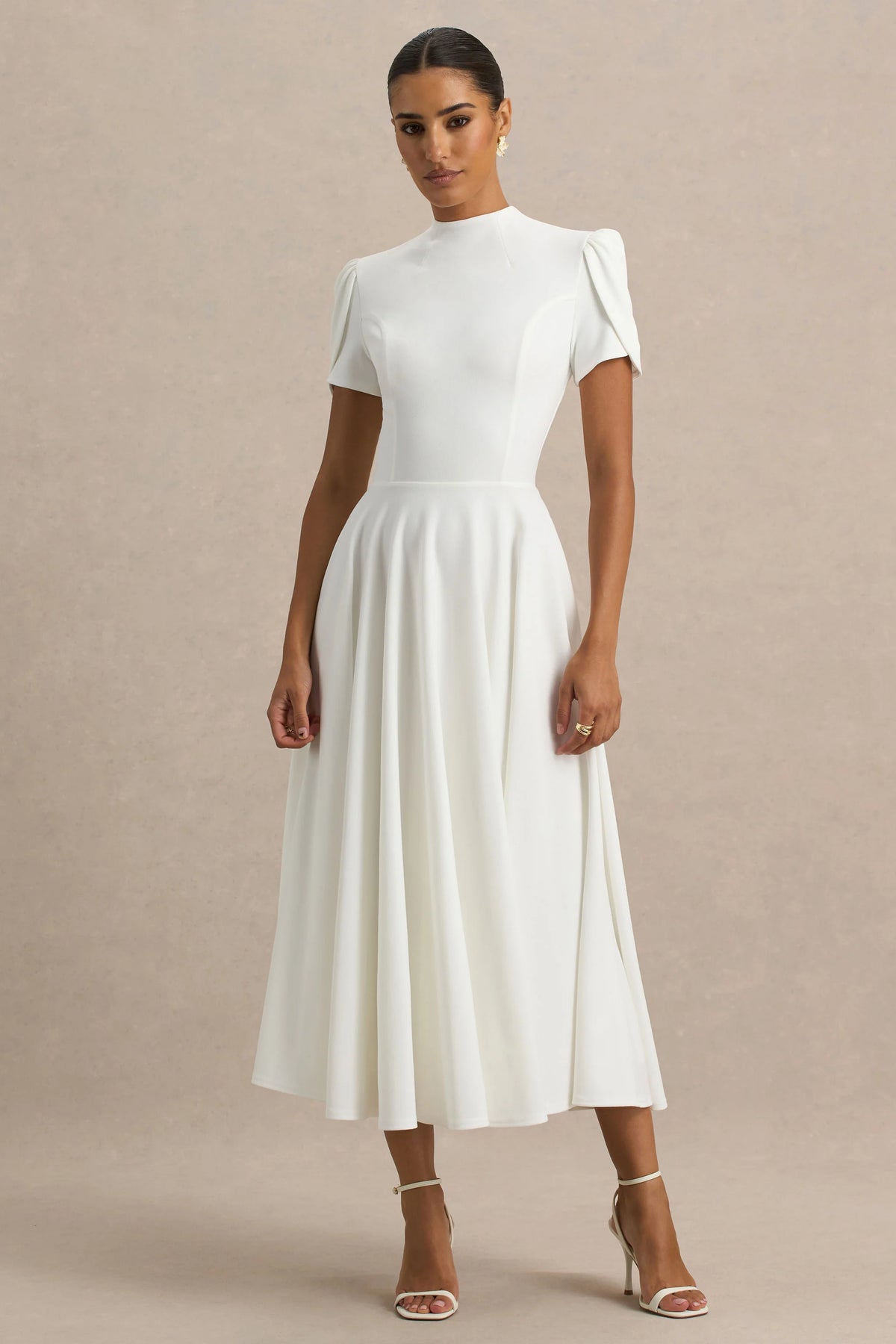 Vicky White High Neck Midi Dress With Puff Sleeves