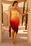 Dania Orange Ombre Bandeau Asymmetric Midi Dress With Tie Waist