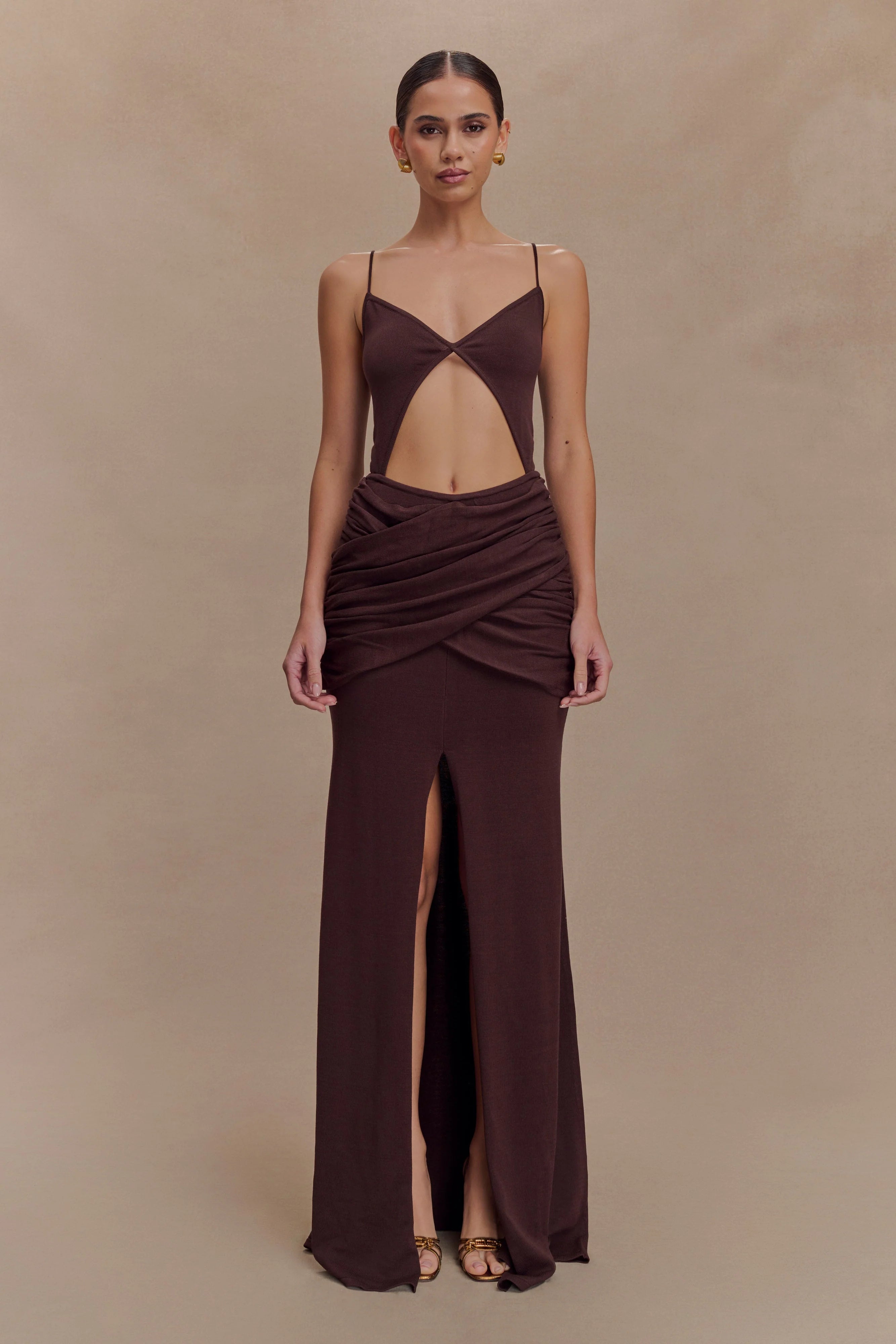 Reama Wrap Over Knit Maxi Dress Chocolate