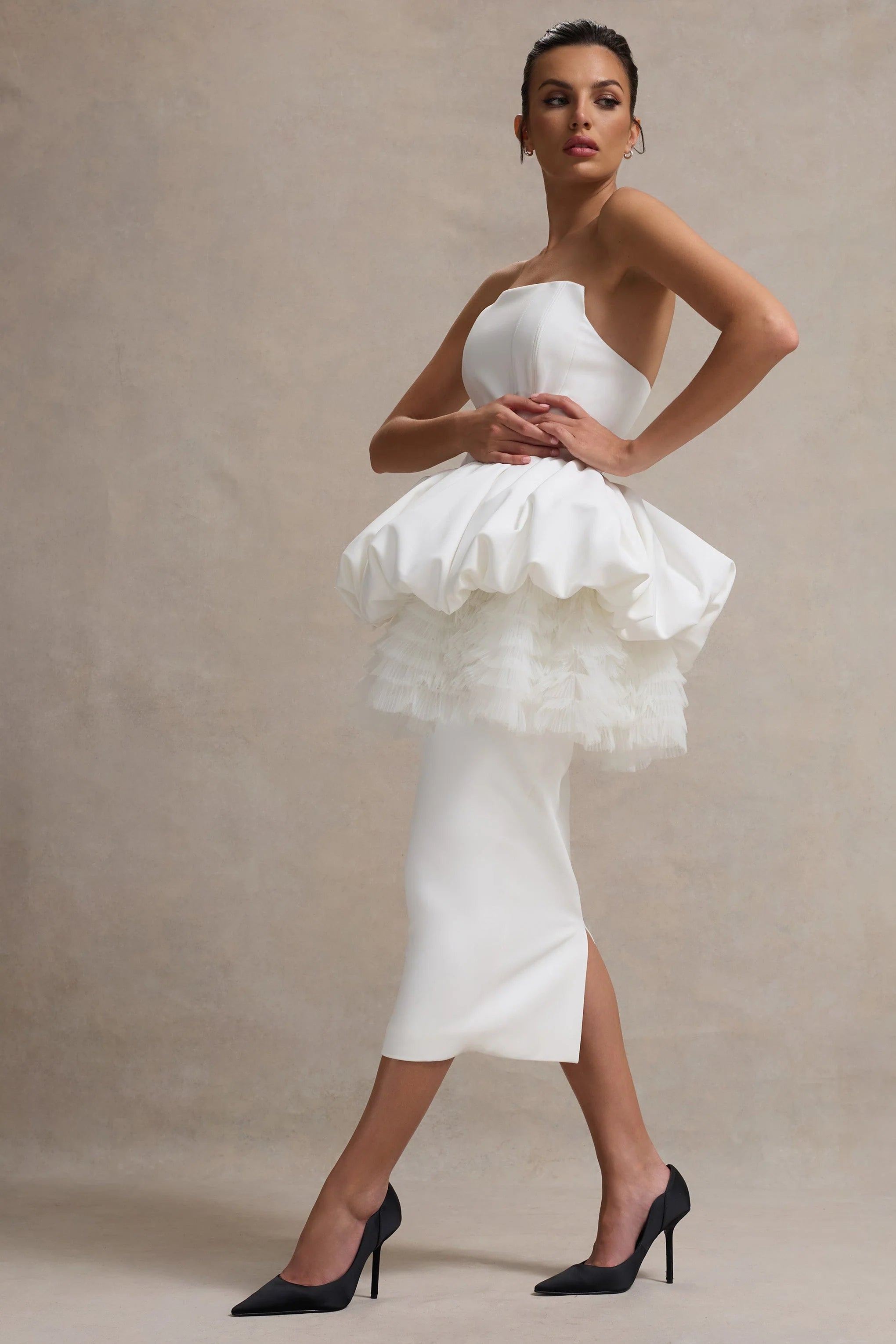 Jones White Strapless Midi Dress With Tulle Peplum Waist