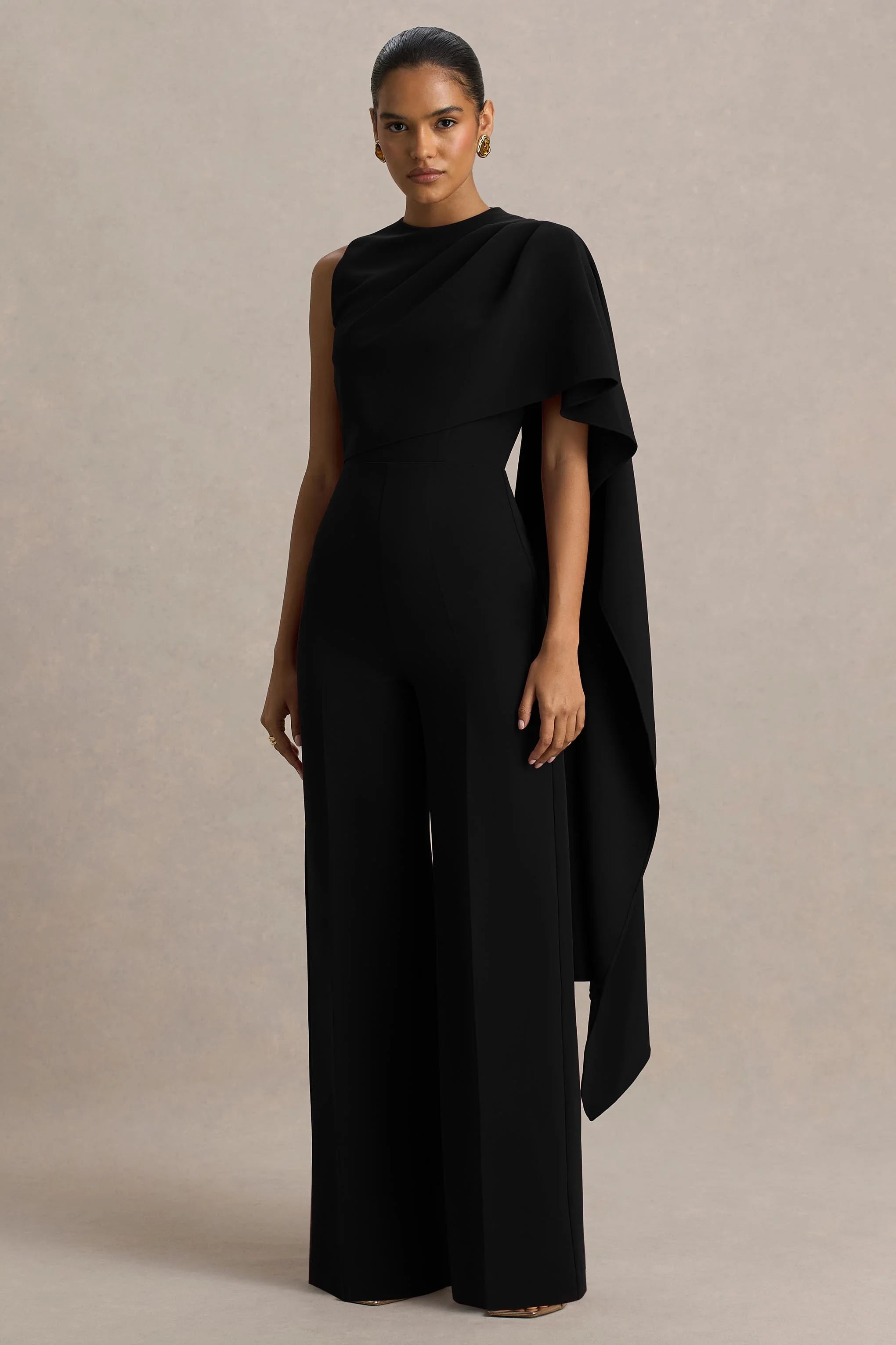 Sorenia Black High Neck Jumpsuit With One Cape Sleeve