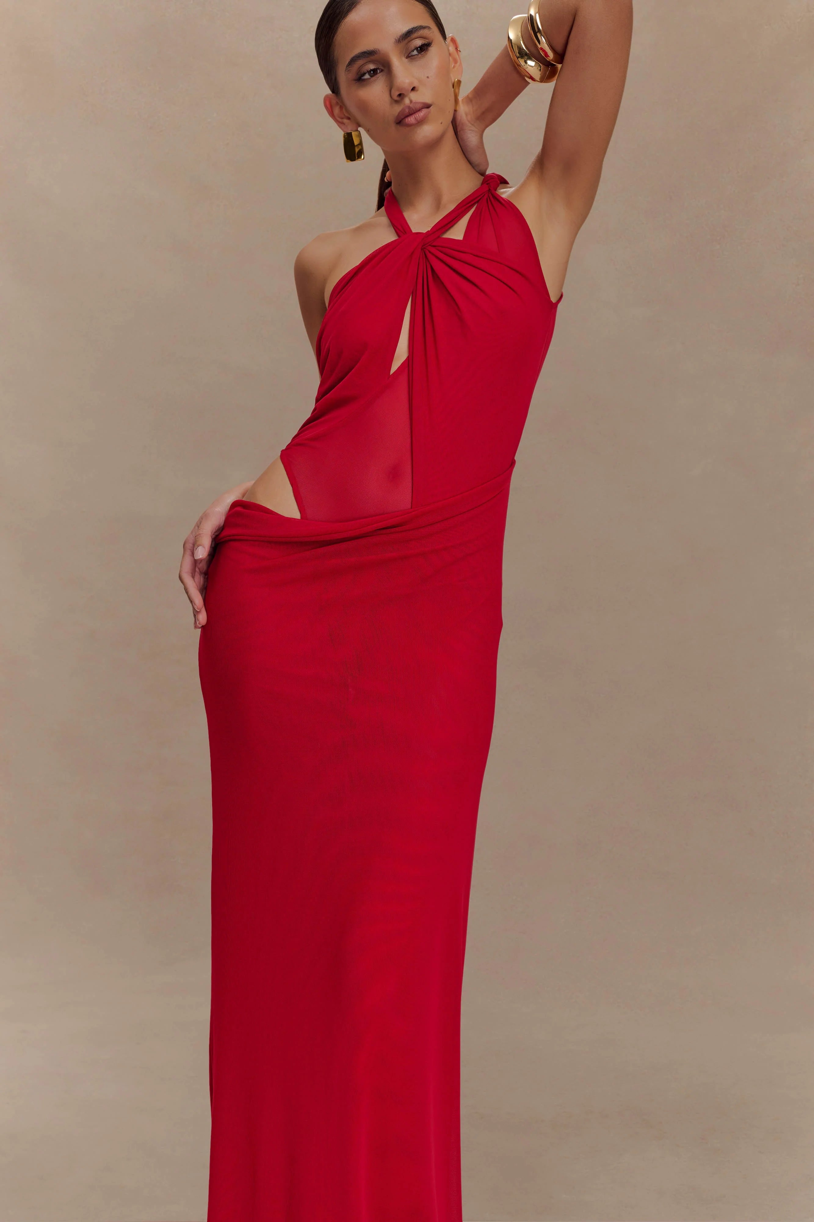 Edwina Knotted Mesh Maxi Dress Red