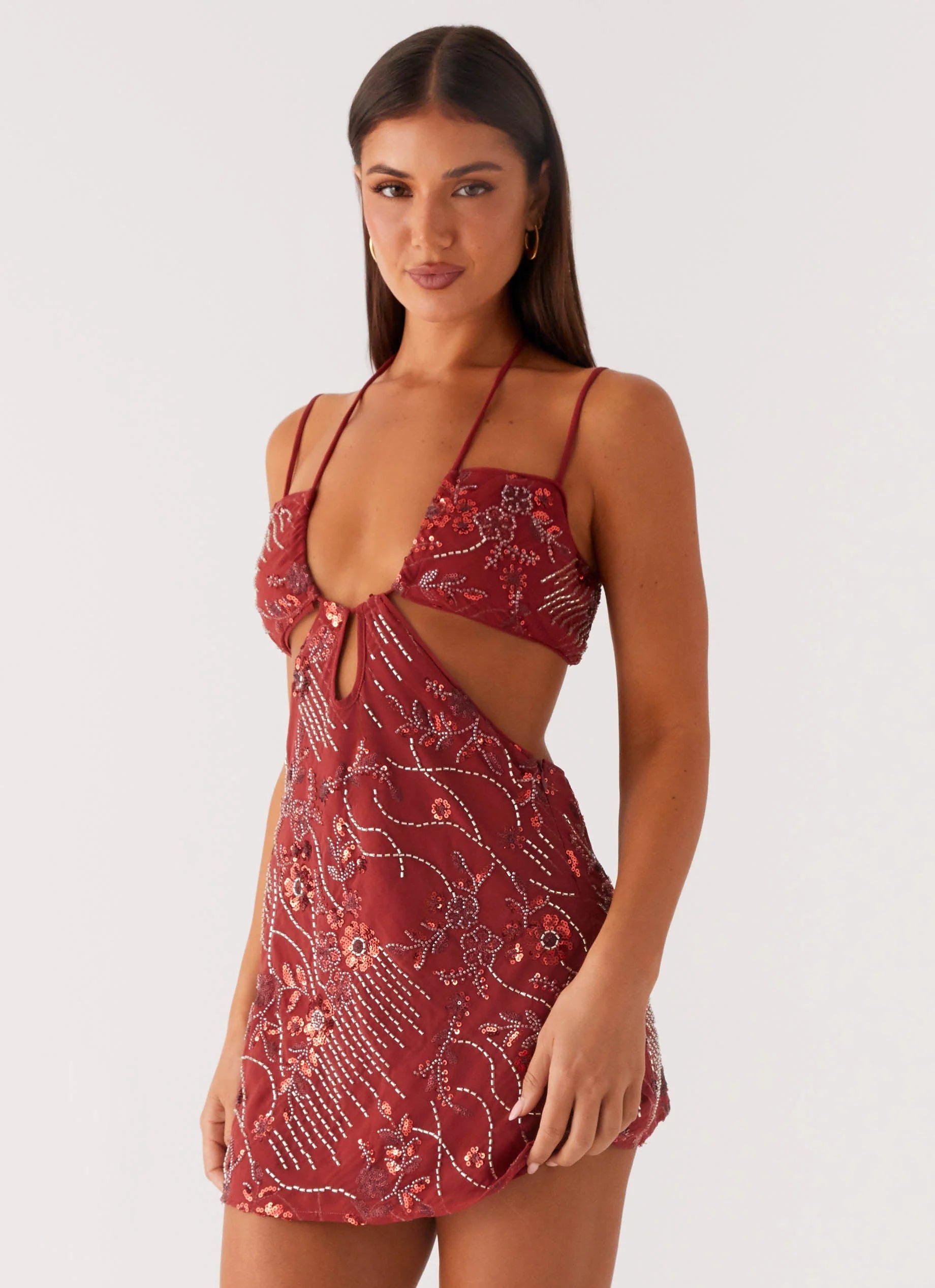 Sahara Nights Beaded Mini Dress Rust