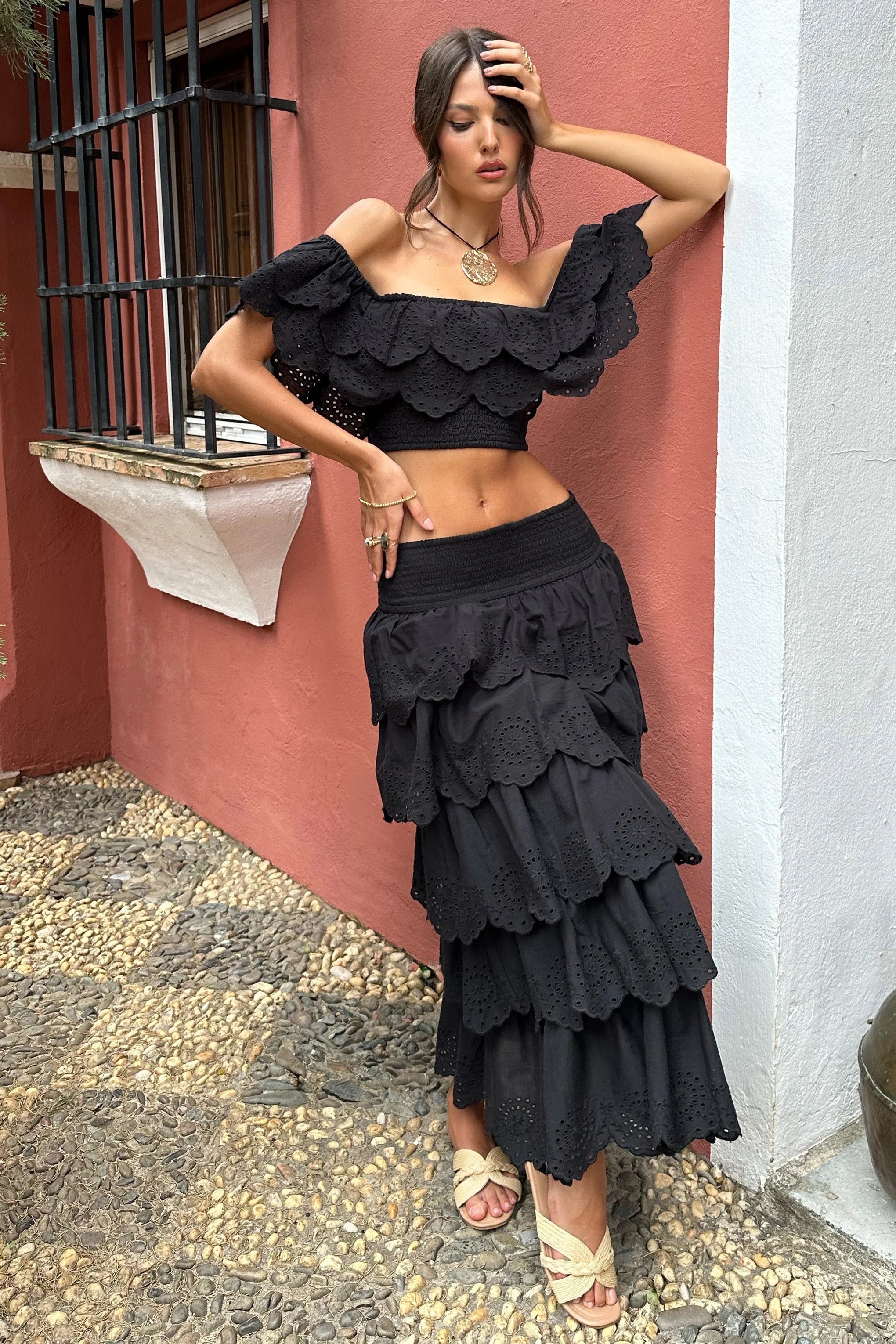 Vista Black Broderie Ruffled Tiered Maxi Skirt
