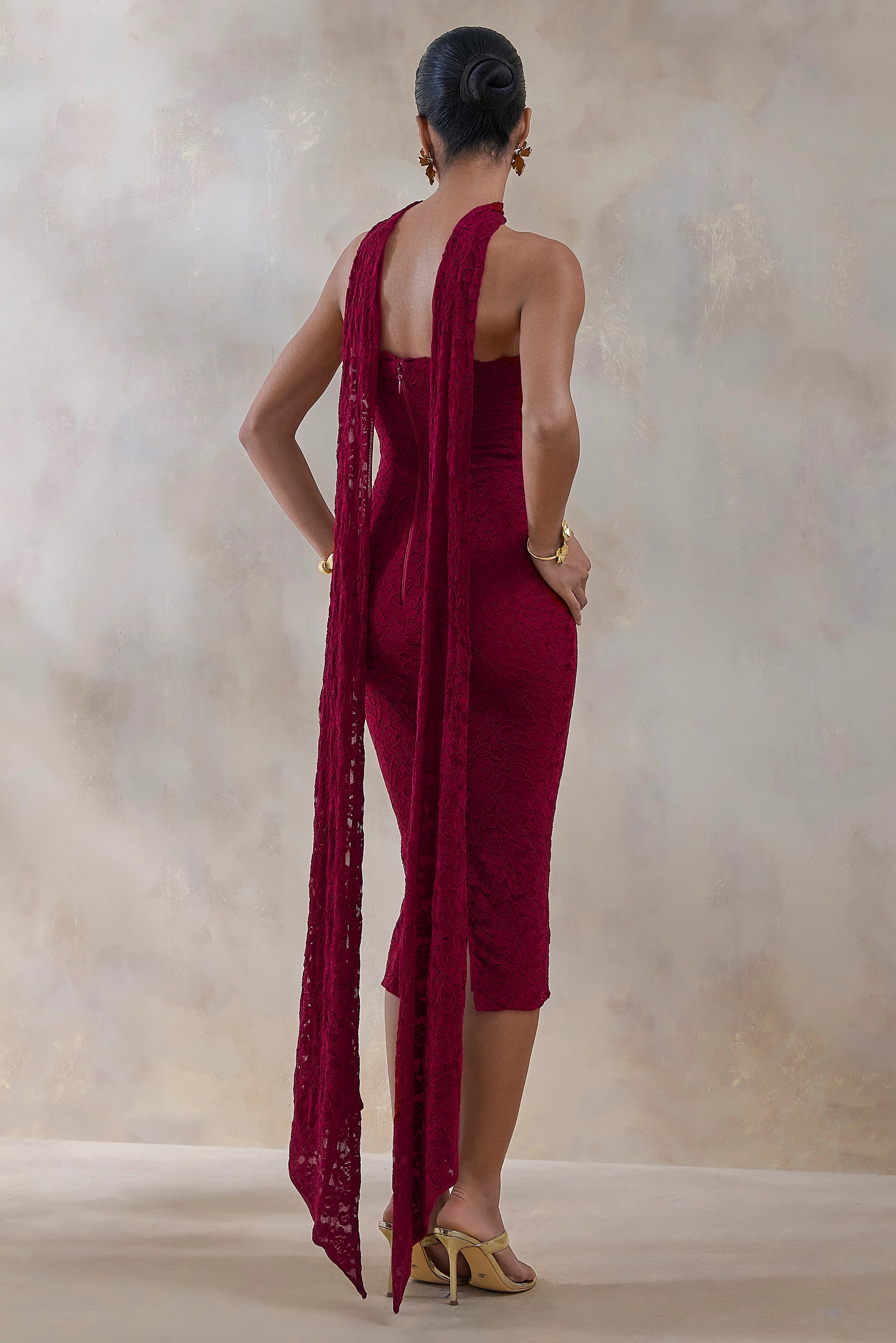 Rosaria Burgundy Lace Bandeau Midi Dress With Scarf Detail