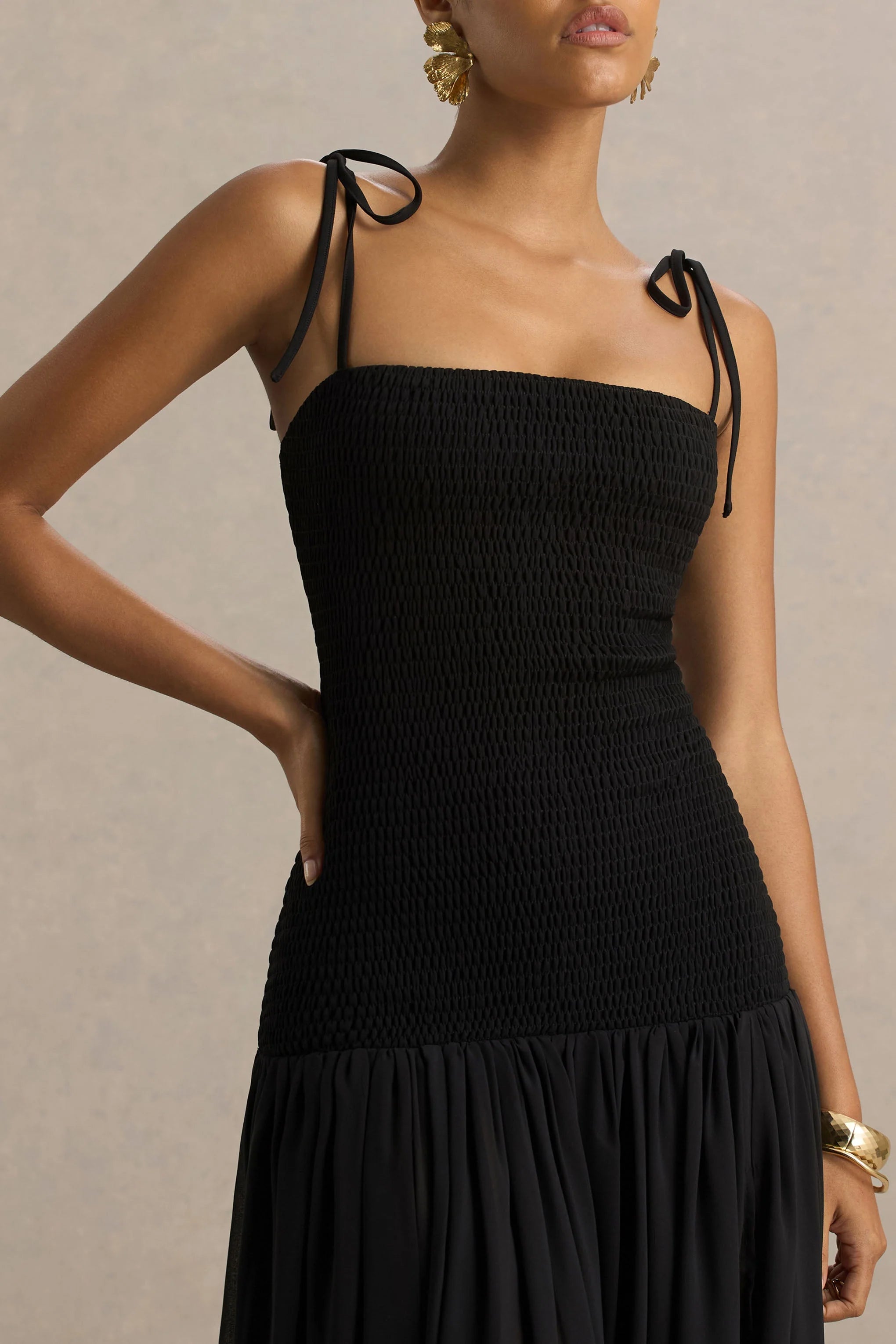 Maeva Black Square Neck Fishtail Maxi Dress With Ruched Detailing