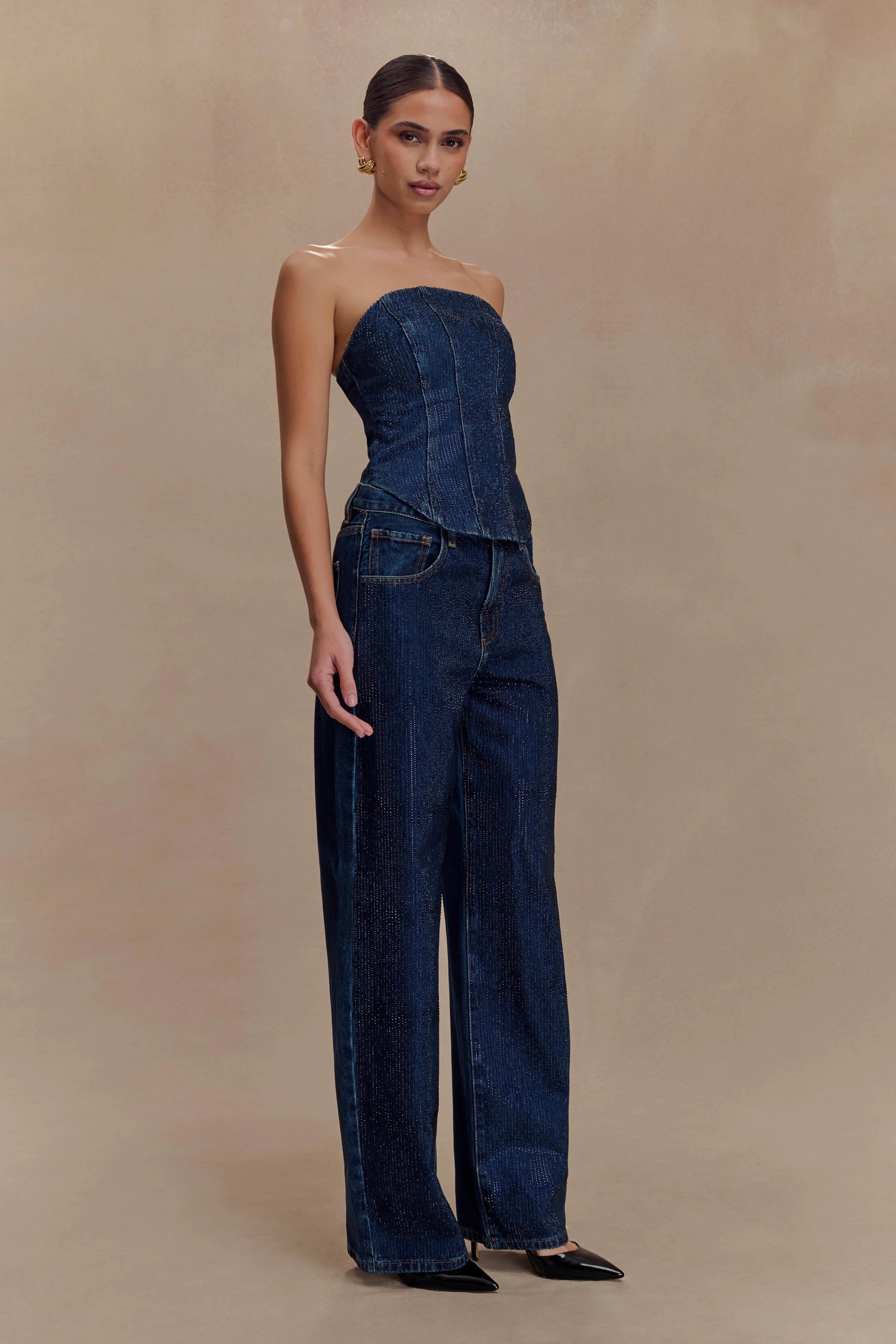 Monte Strapless Diamante Denim Corset Midnight Blue