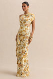 Siora Lemon Rose Print Asymmetric Neck Maxi Dress With Draped Detailing