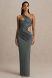 Serefine Grey Asymmetric Neck Maxi Dress With Body Cut Out