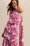 Veronique Pink Hibiscus Floral Halter Neck Maxi Dress