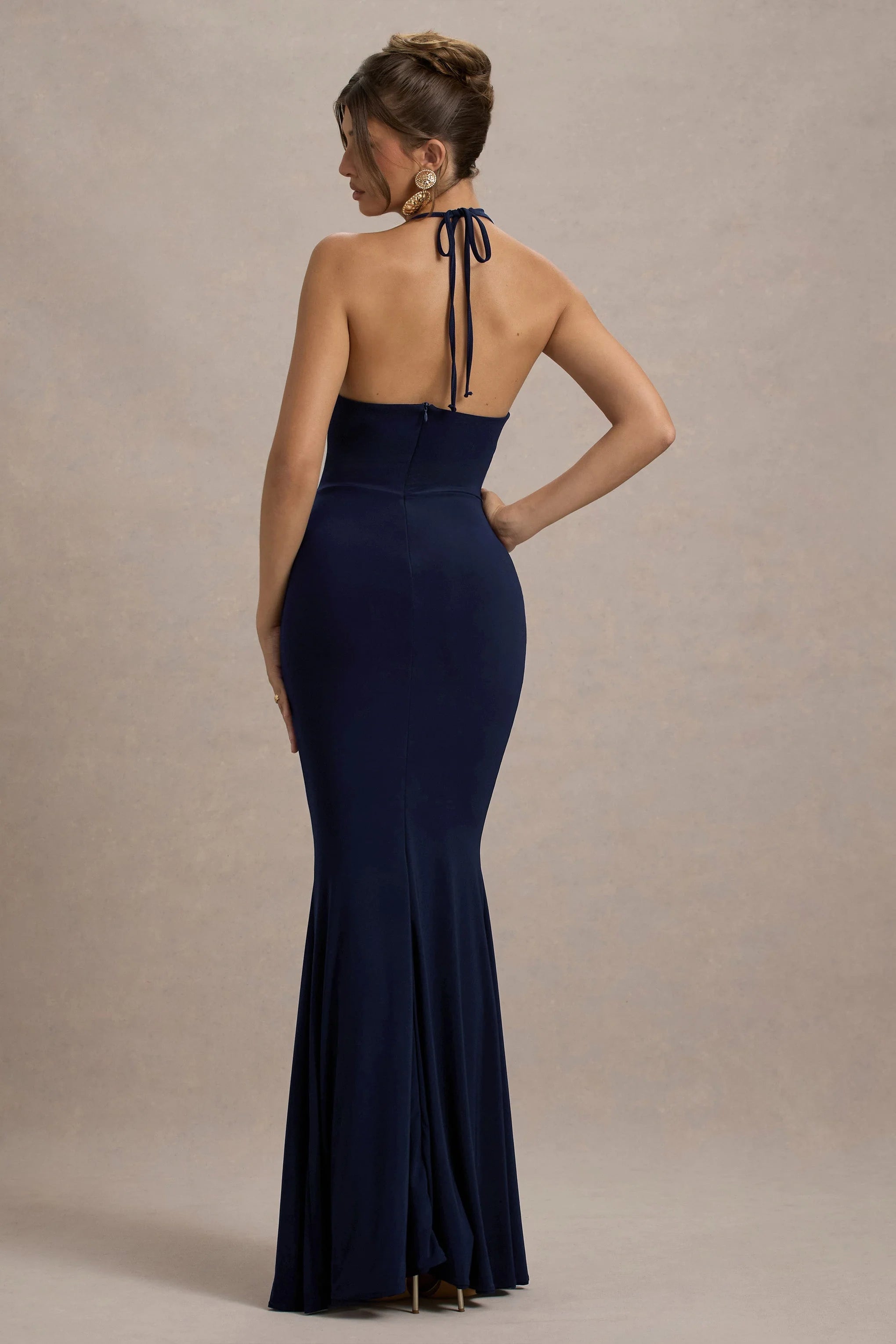 Lucena Navy Cowl Neck Wrap Maxi Dress With Floral Drape