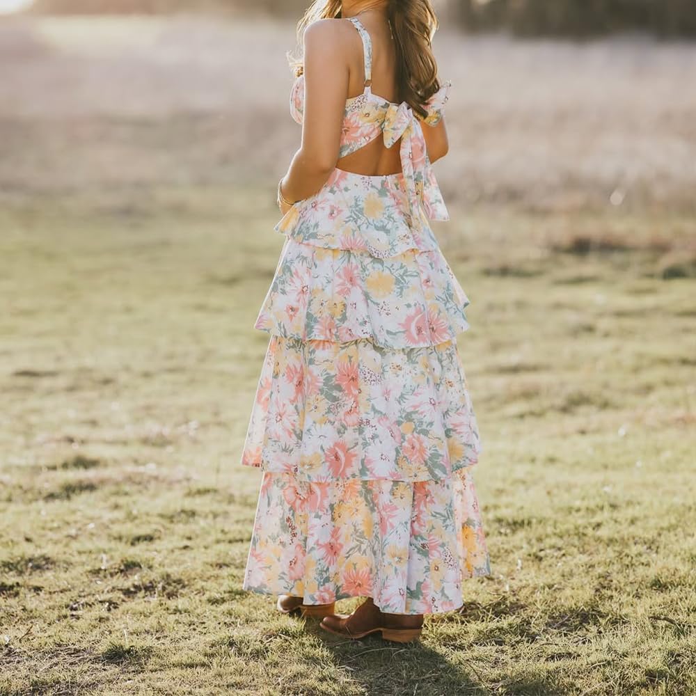 Women Floral Maxi Dress Sleeveless Bow Back Tiered Boho Flowy Long Dresses Summer Fall