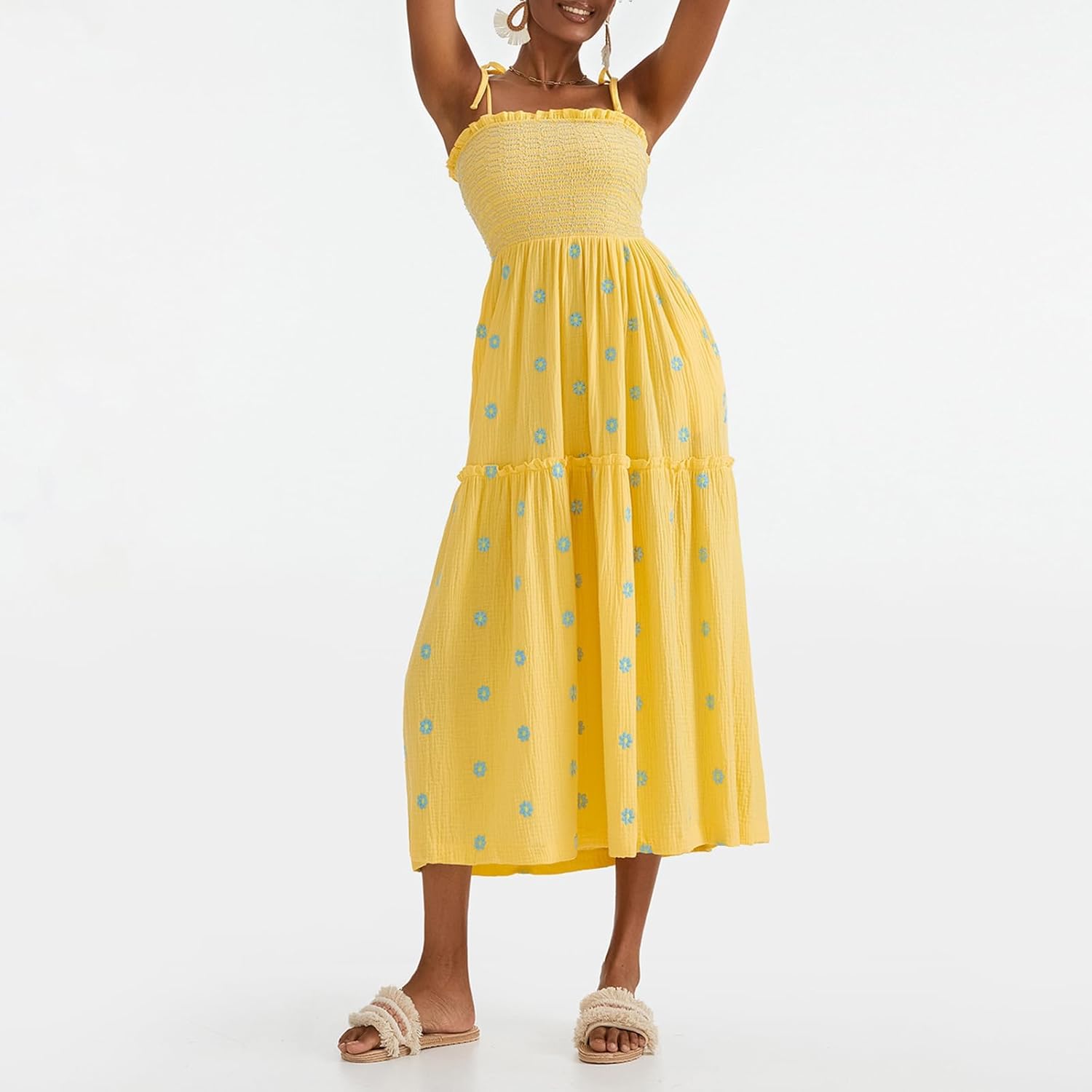 Women Floral Embroidered Maxi Dress Sleeveless Tie Shoulder Smocked Flowy Dress Boho Summer Sundresses with Pockets