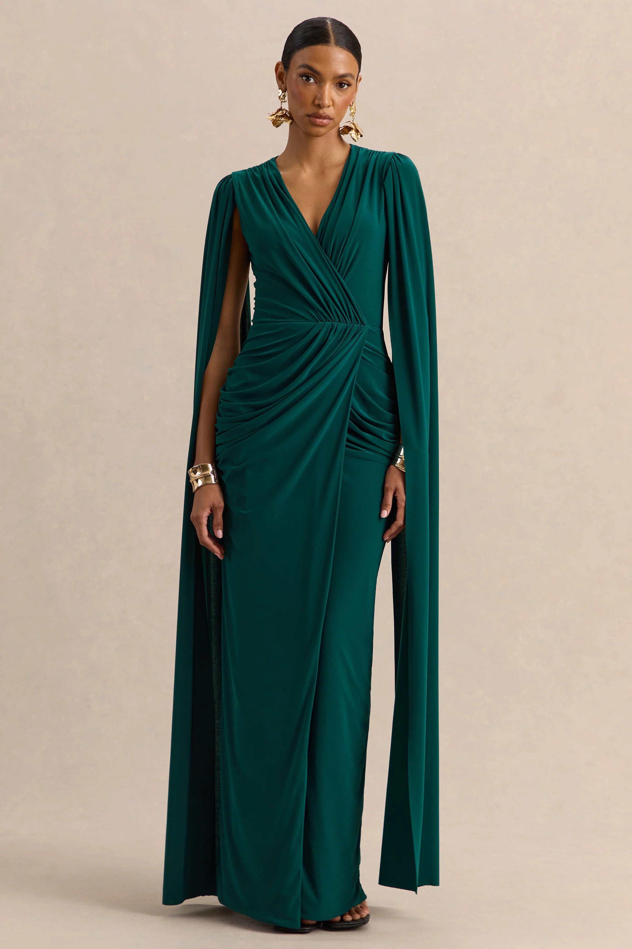 Ulissia Bottle Green V Neck Maxi Dress With Cape Sleeves