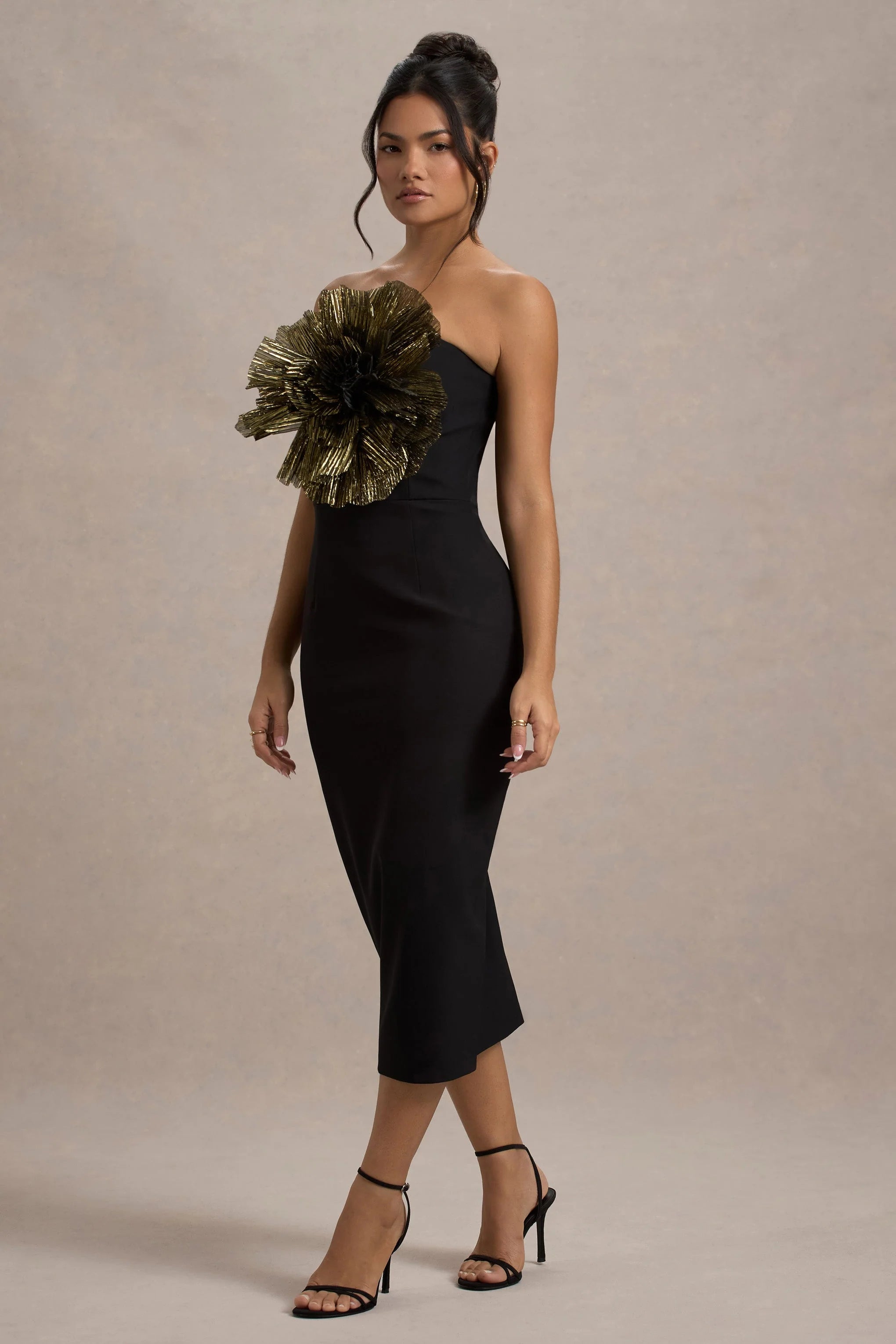Moya Black Gold Bodycon Midi Dress With Corsage Detail