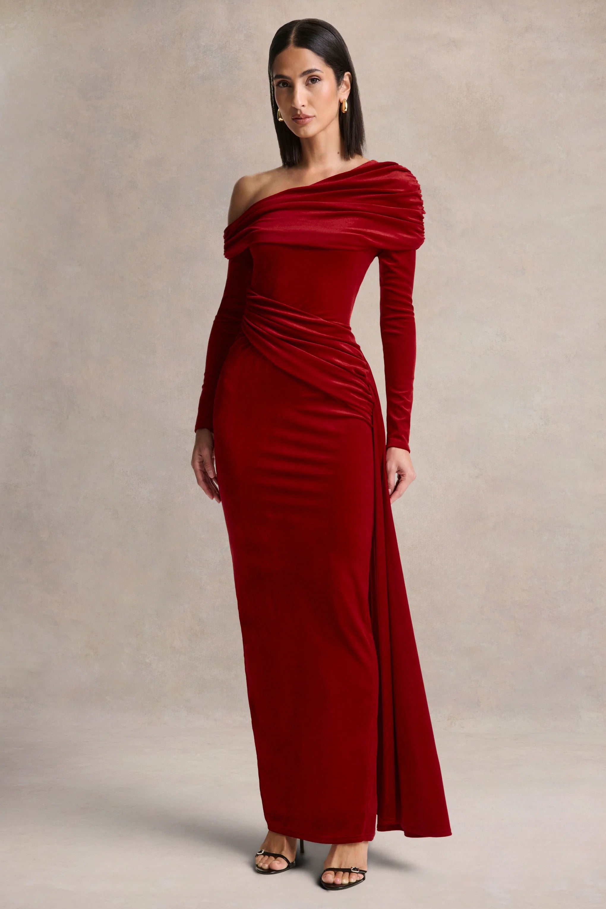 Hadria Red Velvet Asymmetric Neck Maxi Dress With Sash Detail
