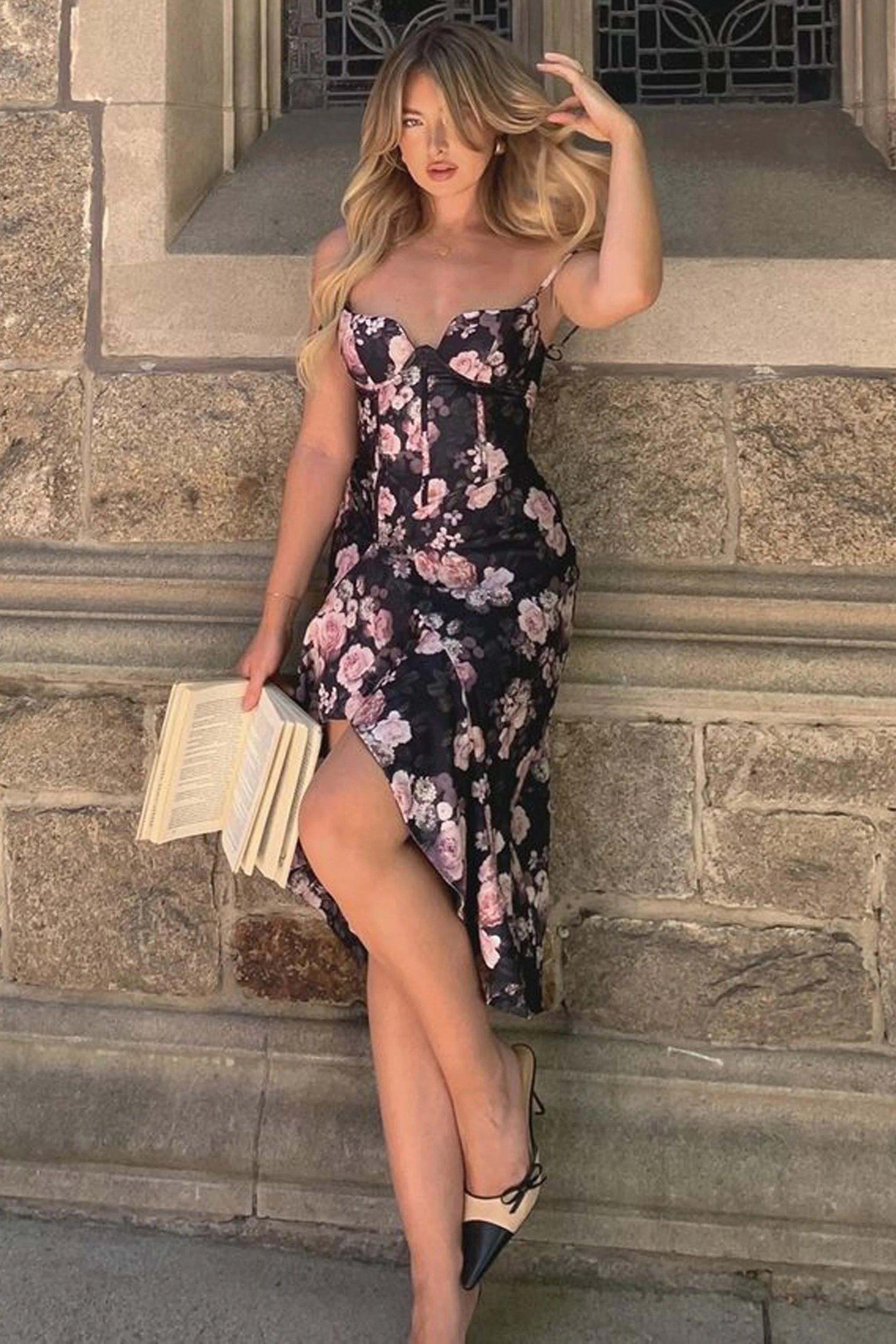 Roses Black Floral Corset Ruffled Midi Dress