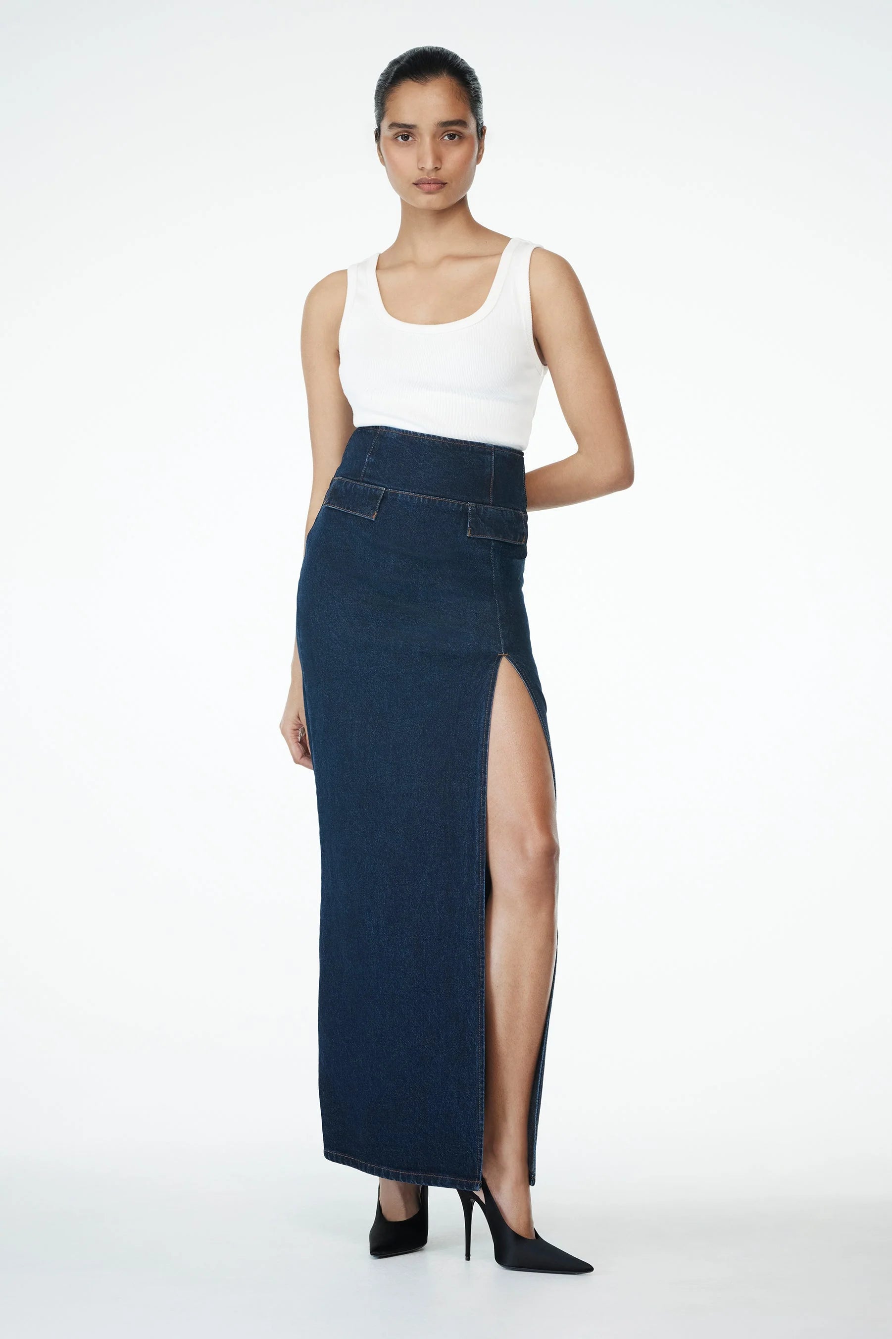 Maylena High Rise Denim Maxi Skirt Indigo Blue