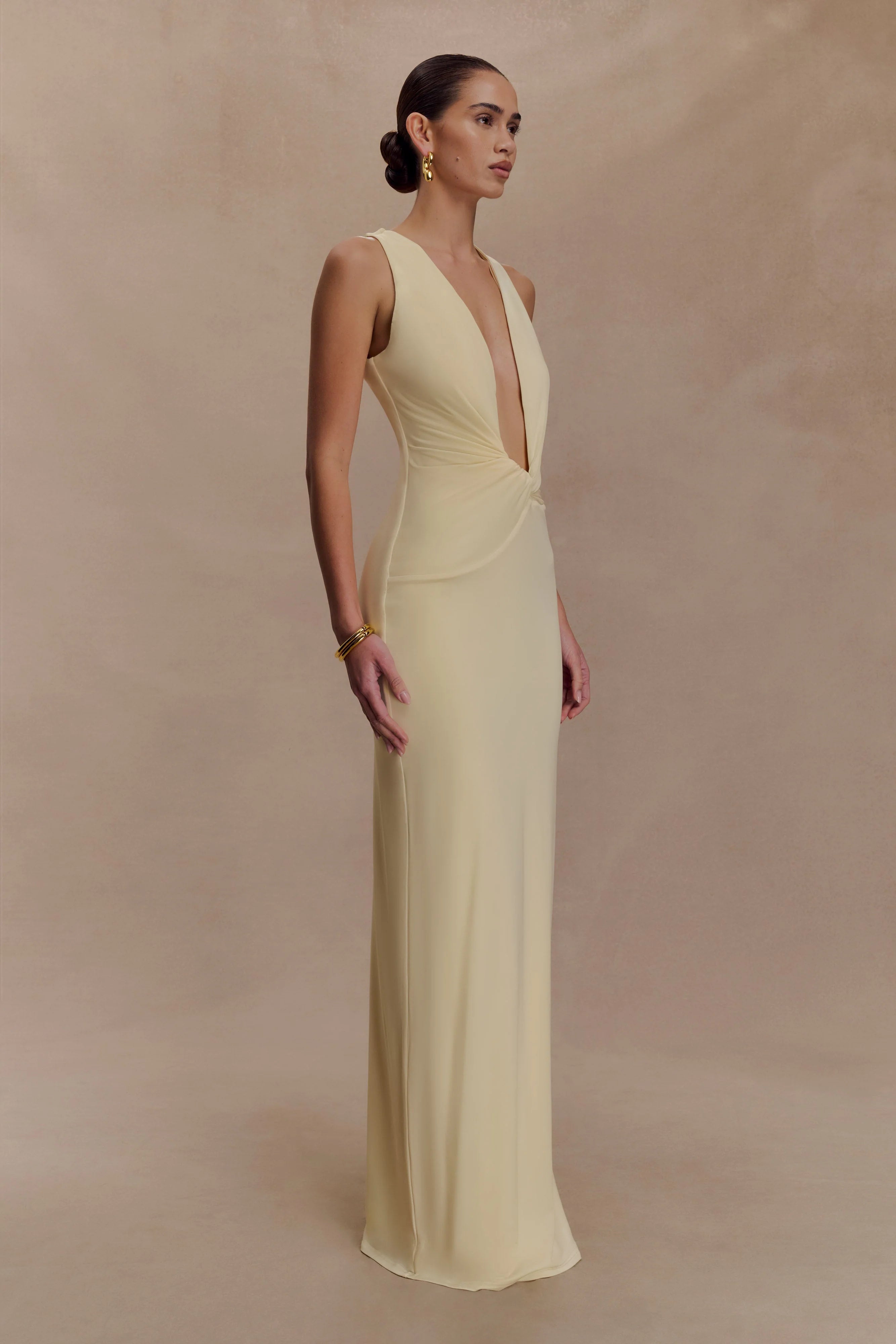 Stella Draped Slinky Maxi Dress Pale Lemon