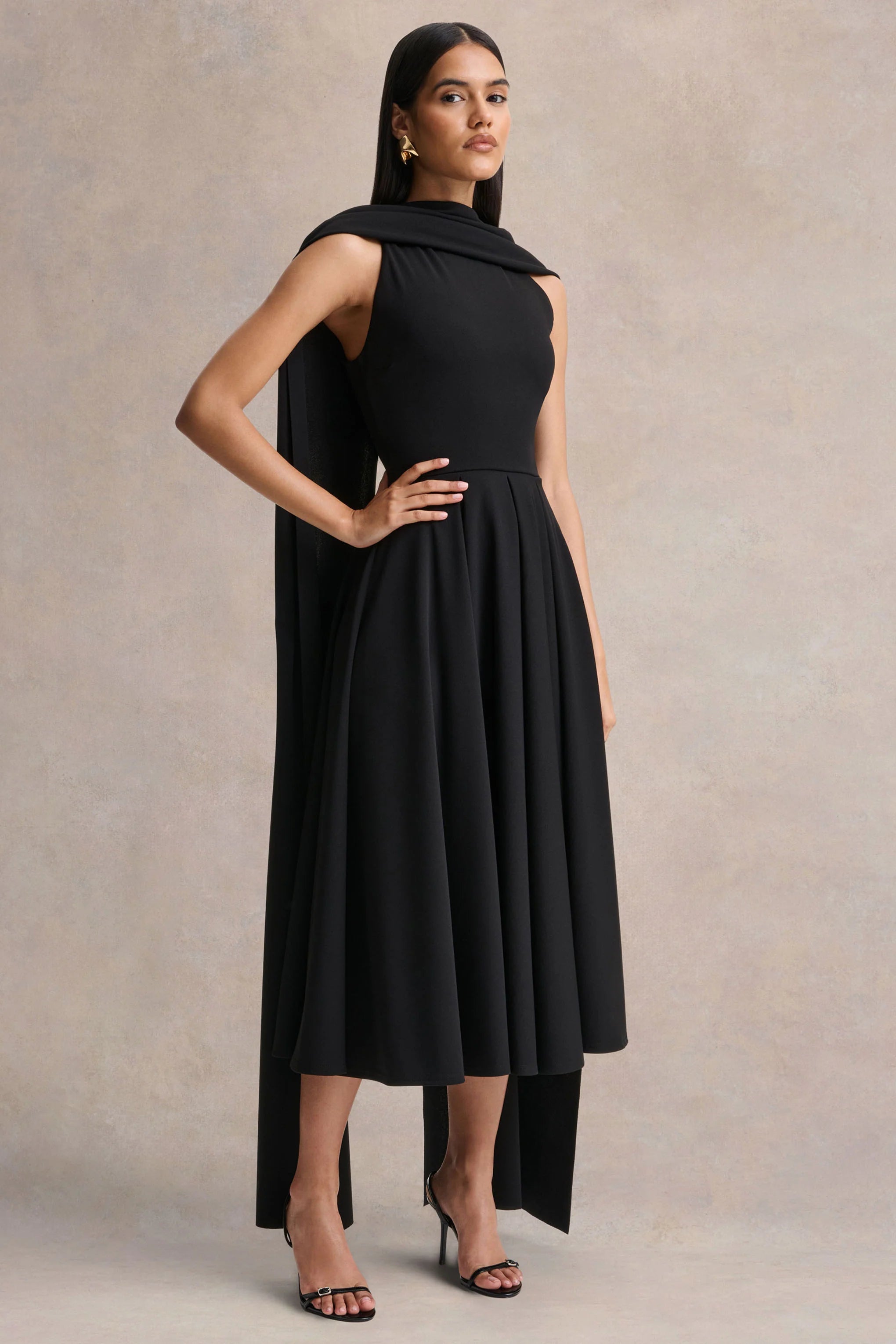 Nova Black High Neck Midi Dress With Cape Sleeves