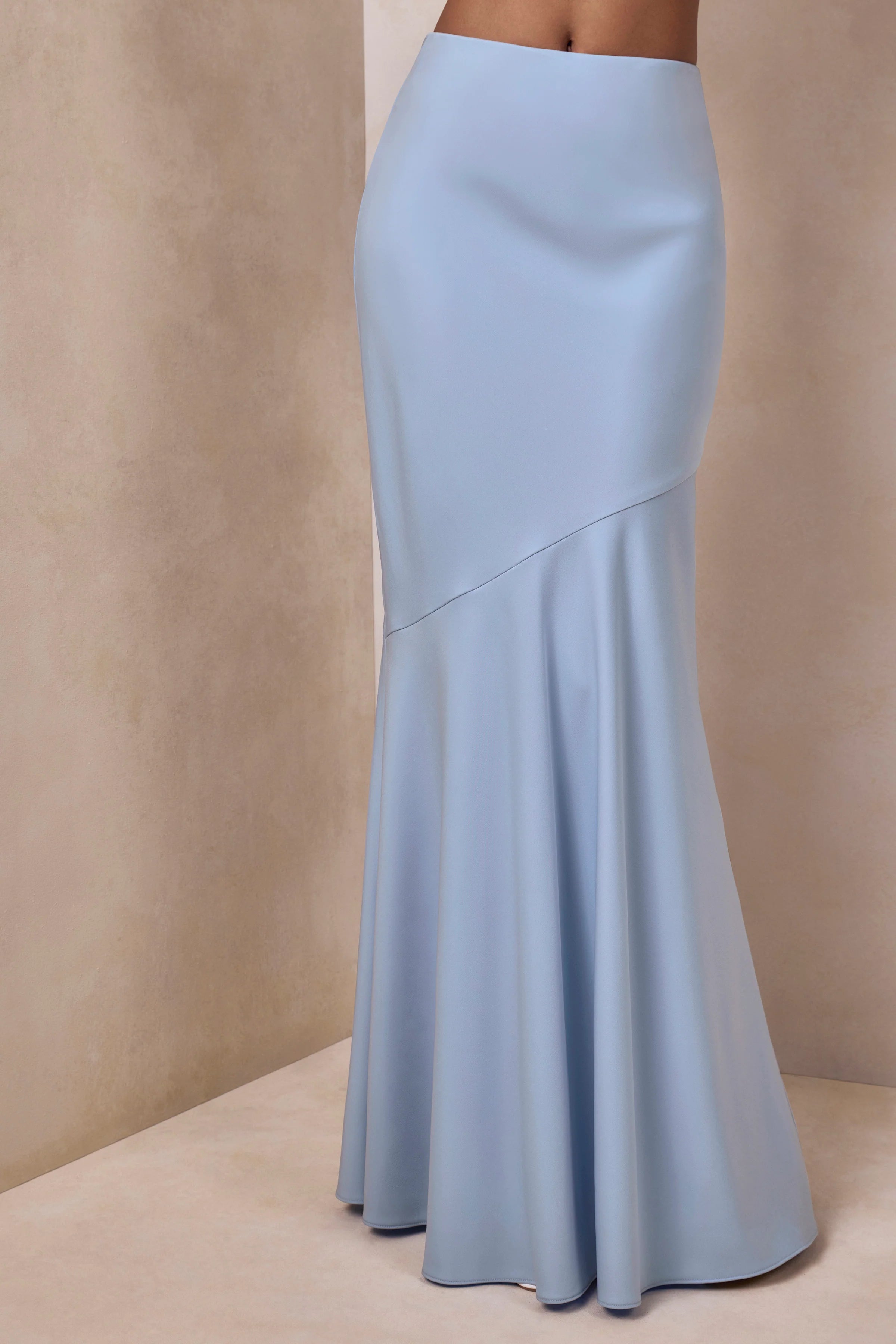 Vayla Powder Blue Matte Satin Asymmetric Drop Waist Maxi Skirt