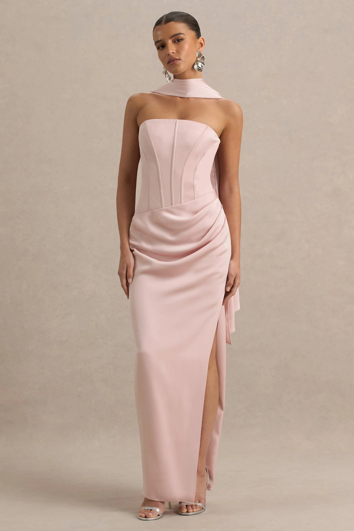Joseline Pale Pink Satin Corset Wrap Maxi Dress With Scarf
