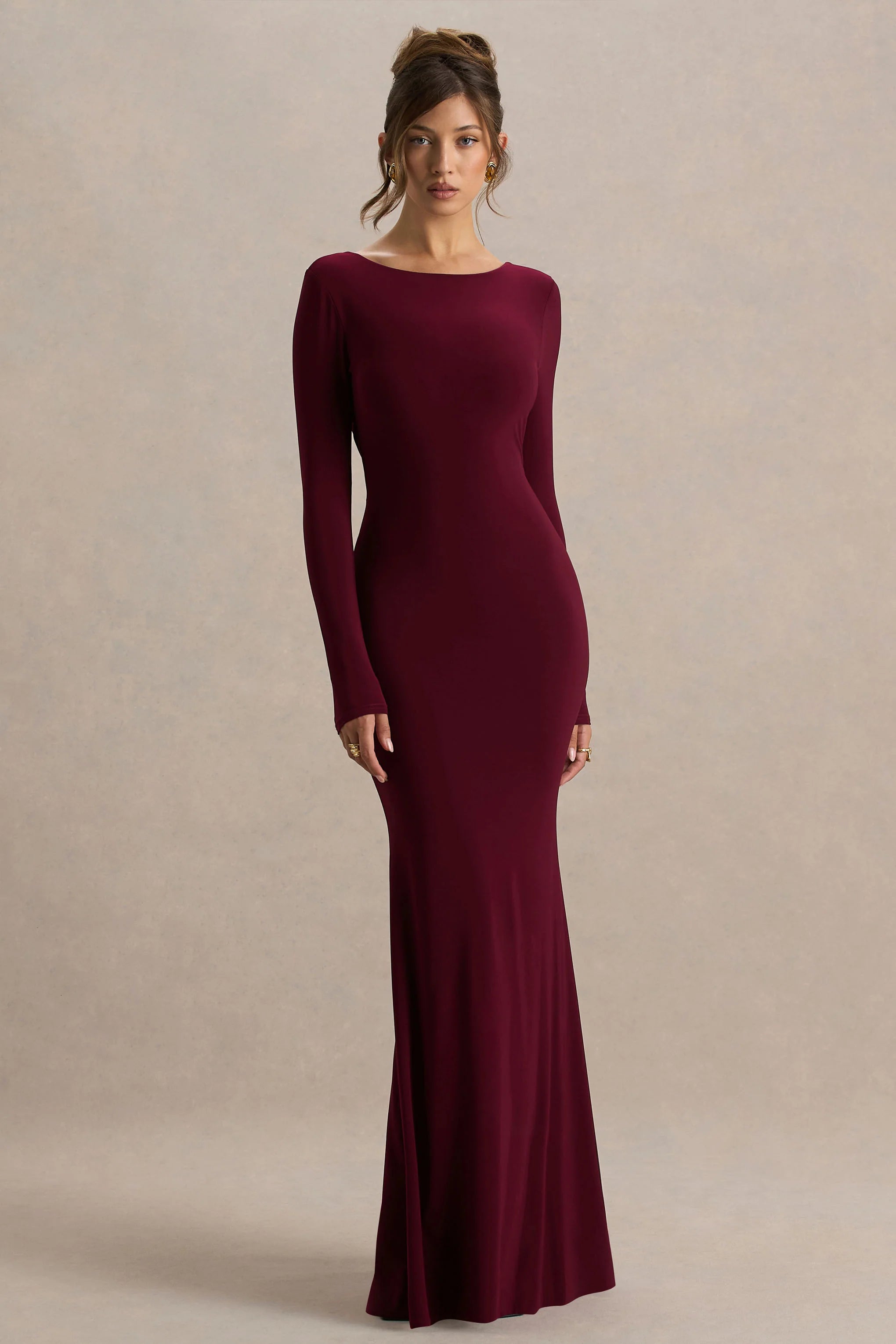 Estelle Burgundy Boat Neck Maxi Dress With Open Back And Lace Detail