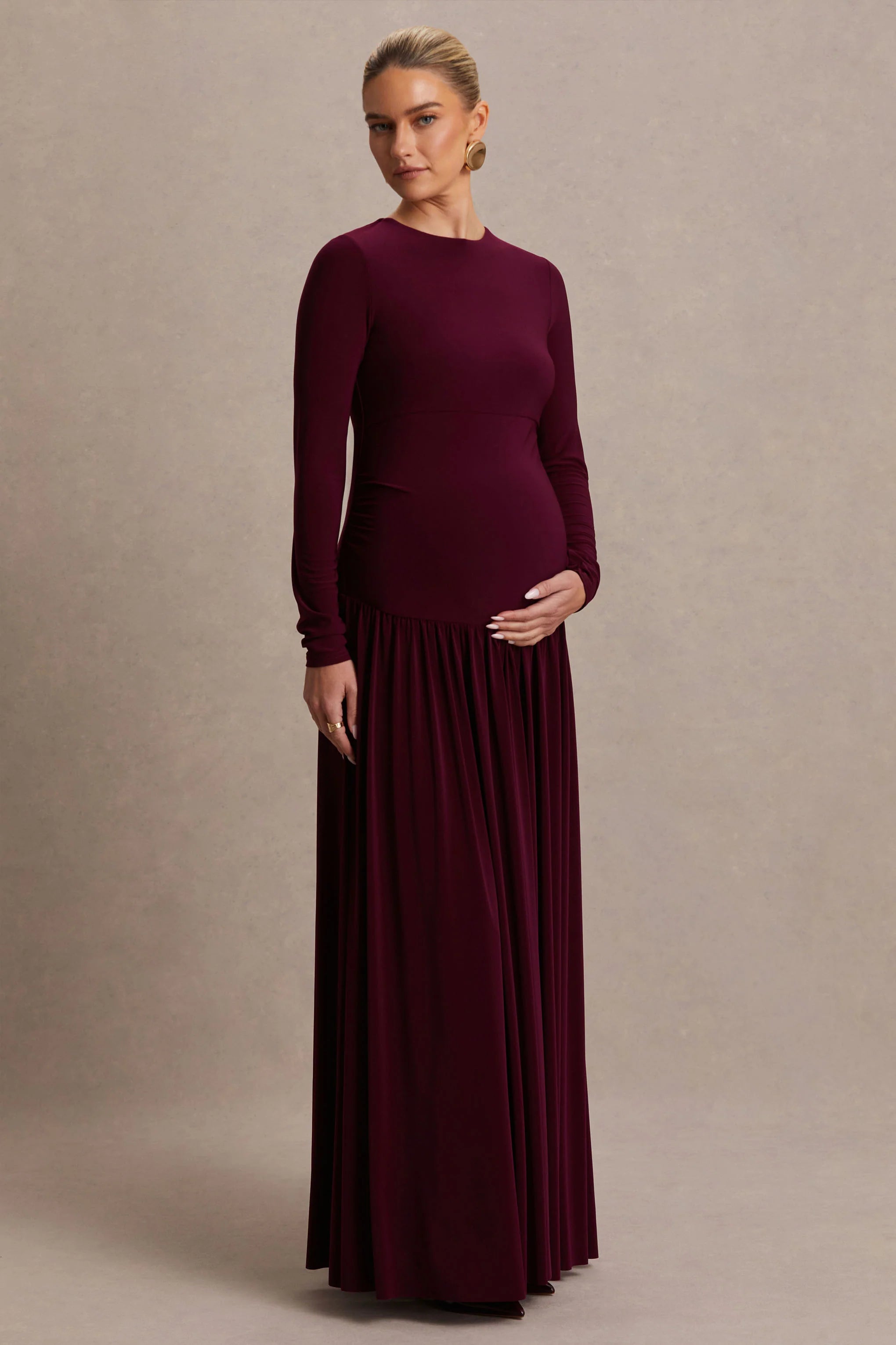 Monroe Burgundy Crew Neck Maternity Maxi Dress With Drop Waist