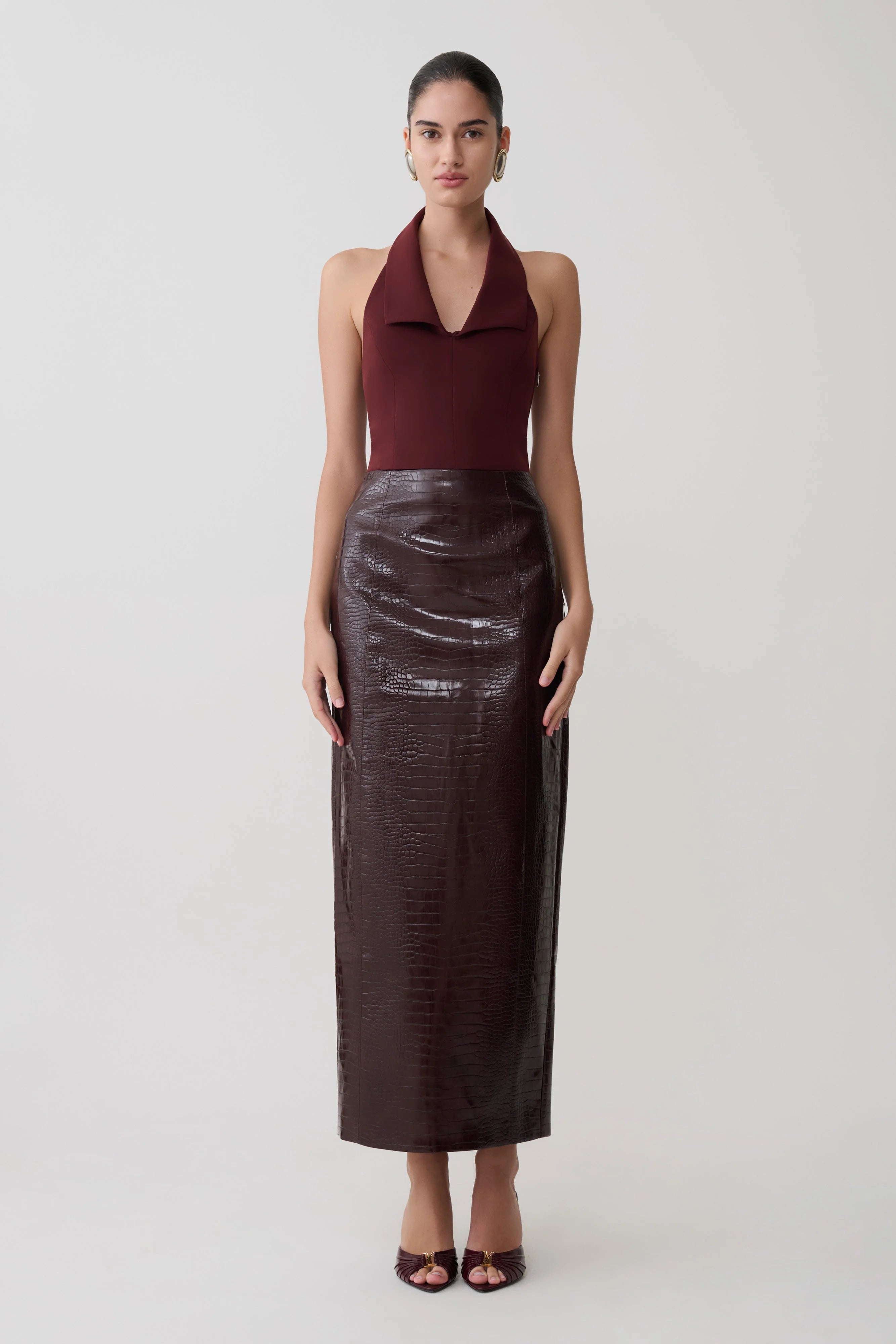 Thalia Croc Faux Leather Midi Skirt Merlot