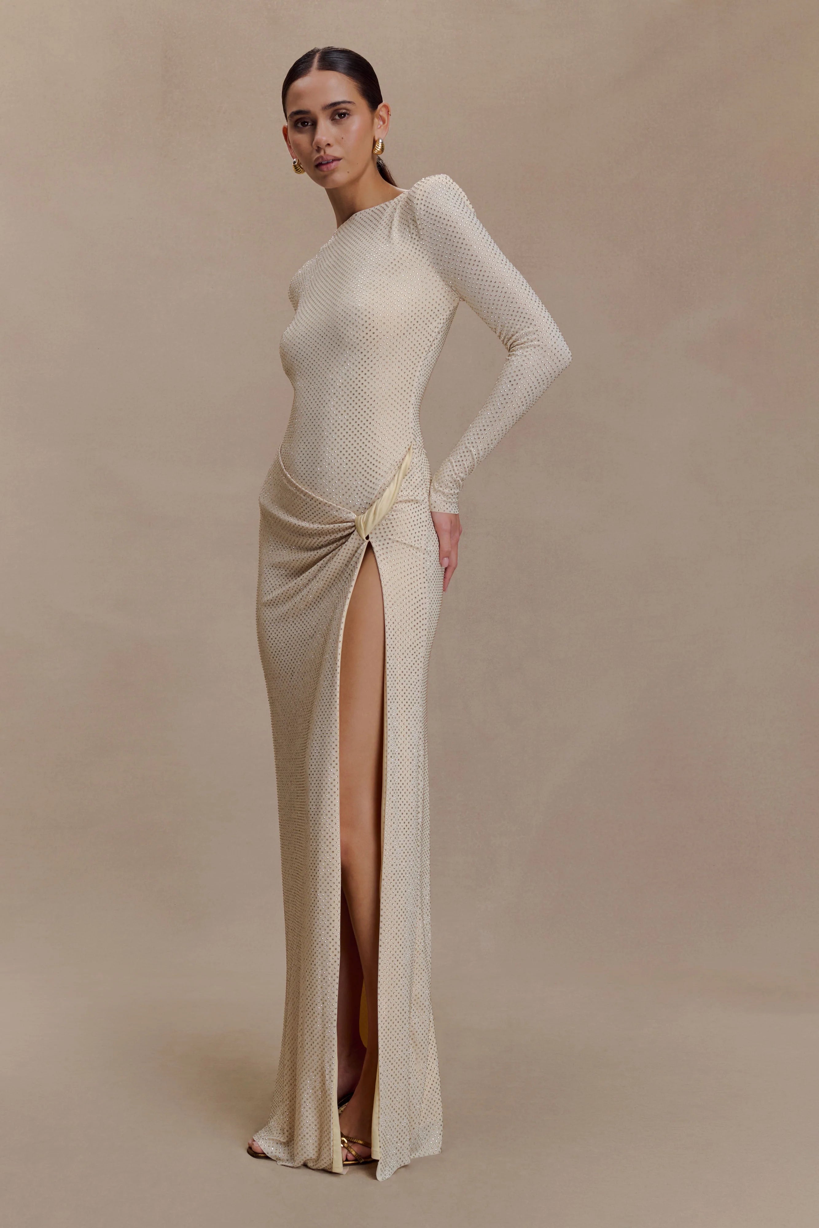 Deanna Long Sleeve Diamante Maxi Dress Gold