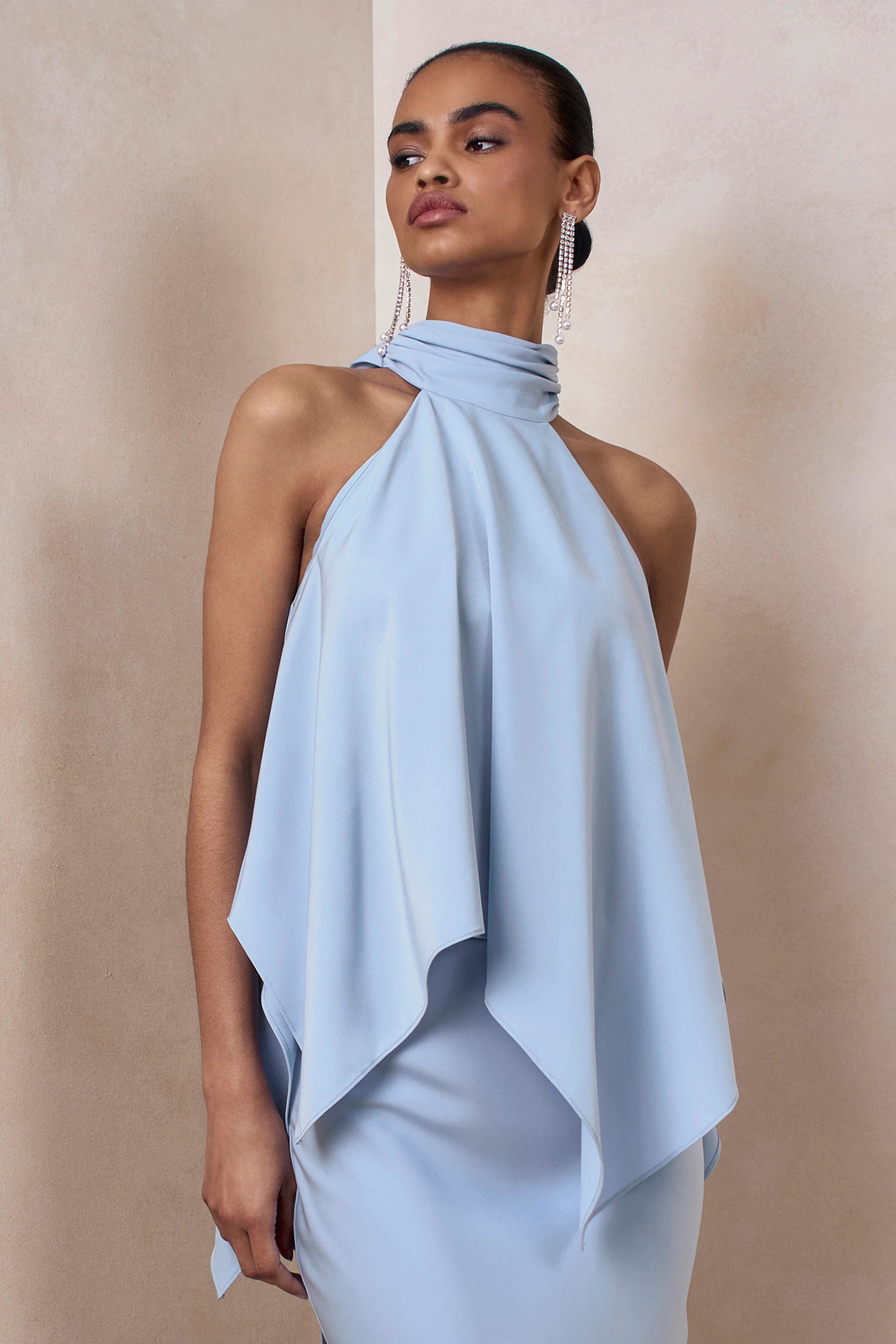Sancelle Powder Blue Matte Satin Halter Neck Top