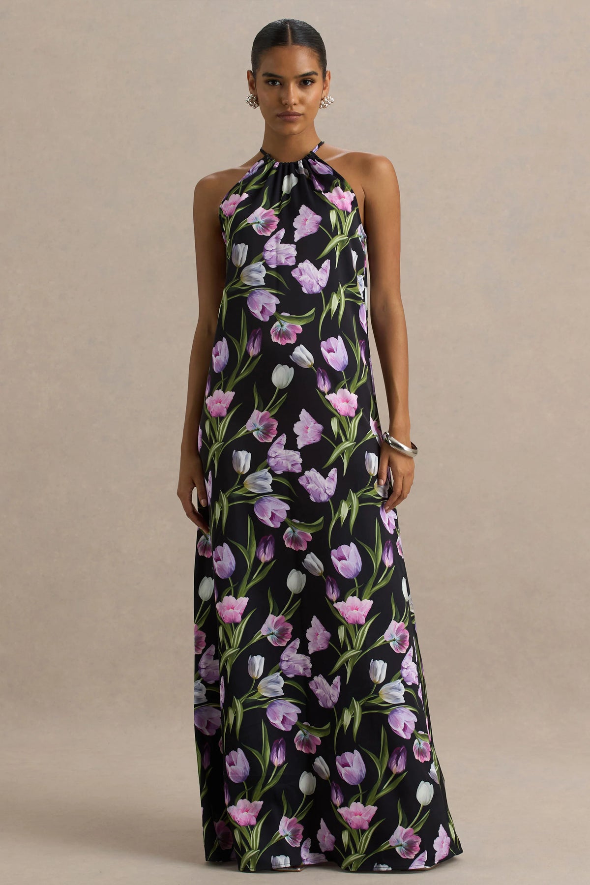 Svana Black Satin Floral Asymmetric Halter Neck Maxi Dress