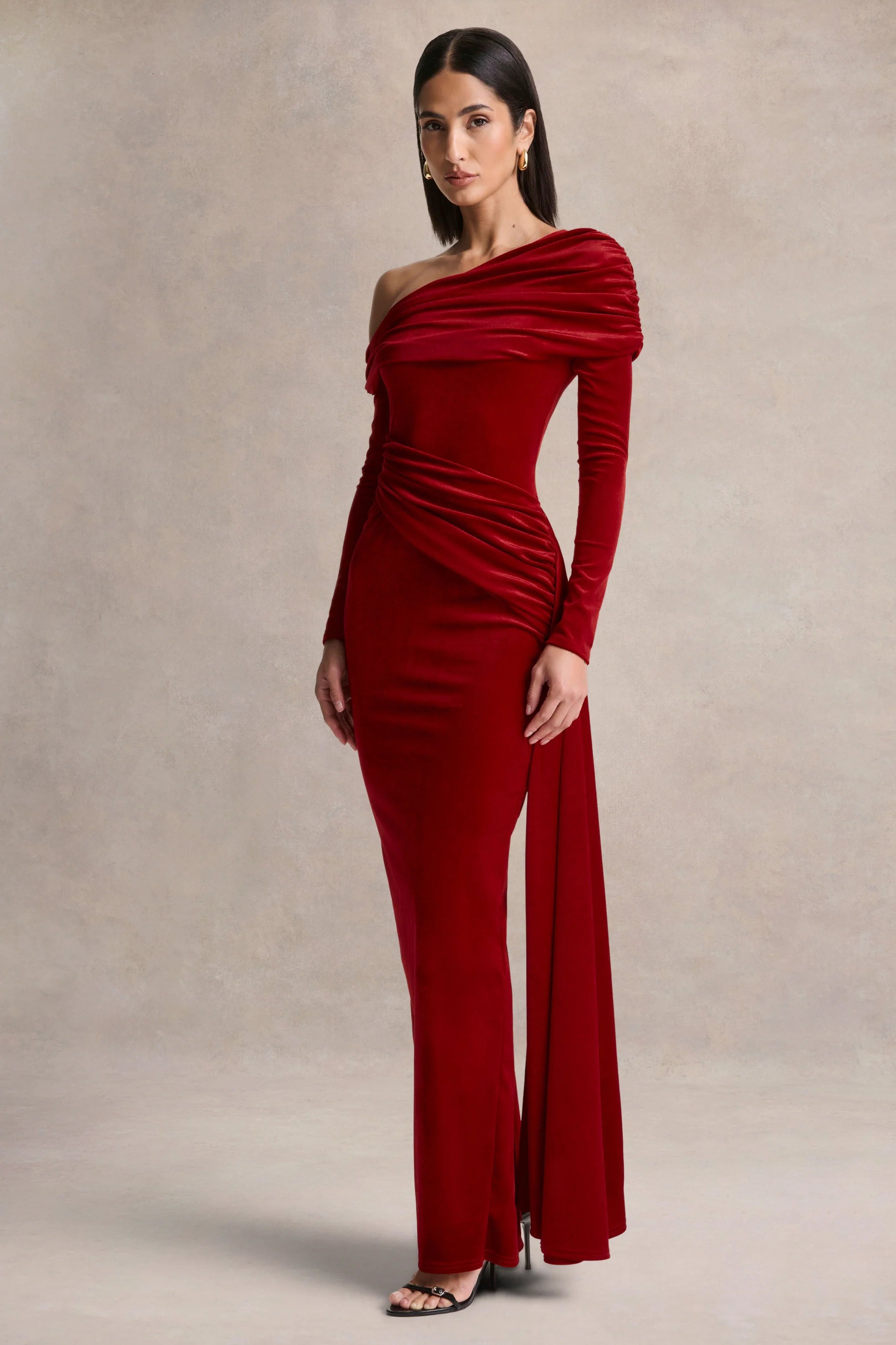Hadria Red Velvet Asymmetric Neck Maxi Dress With Sash Detail