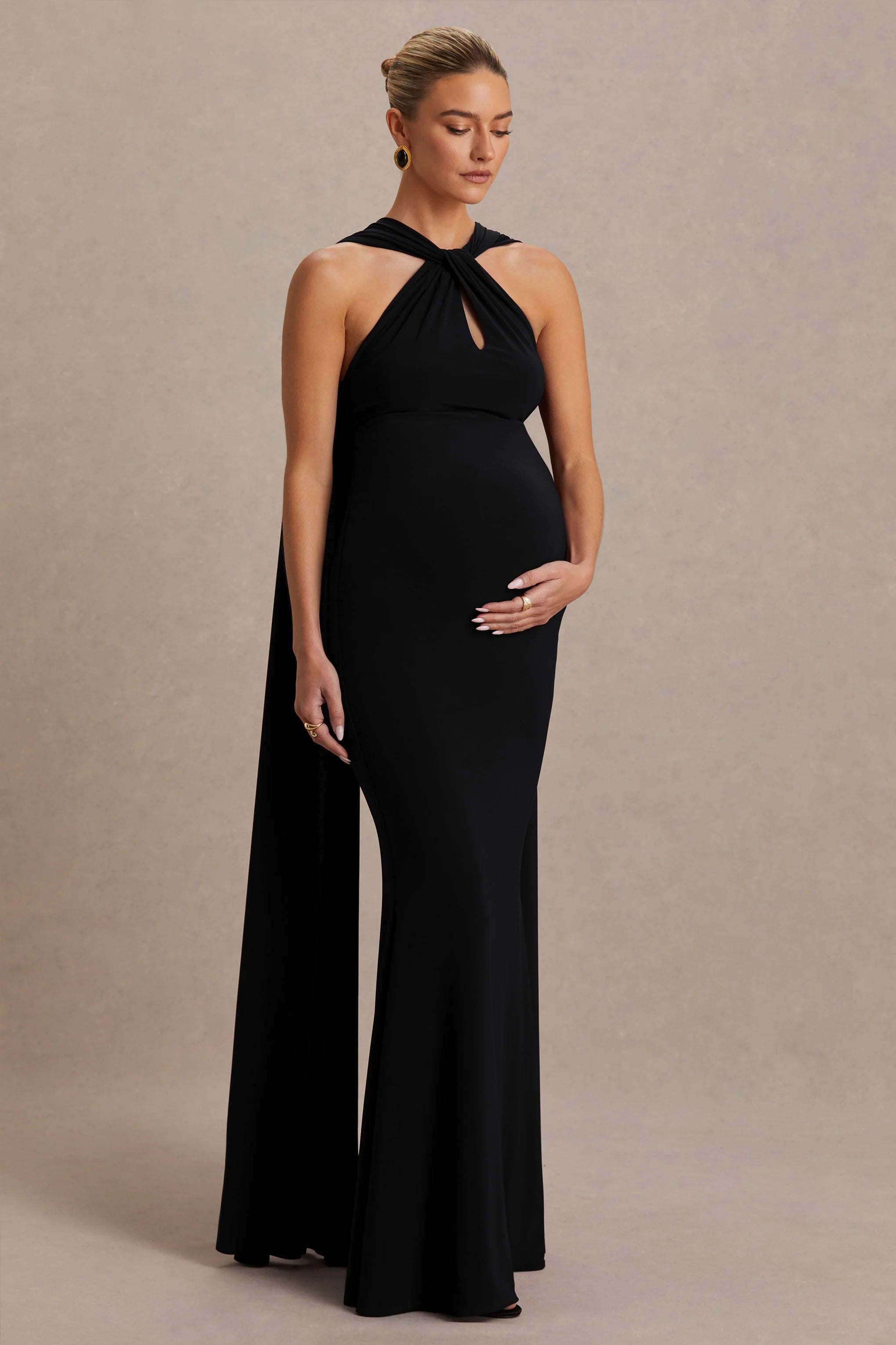 Lyra Black Cross Halter Neck Maternity Maxi Dress With Cape