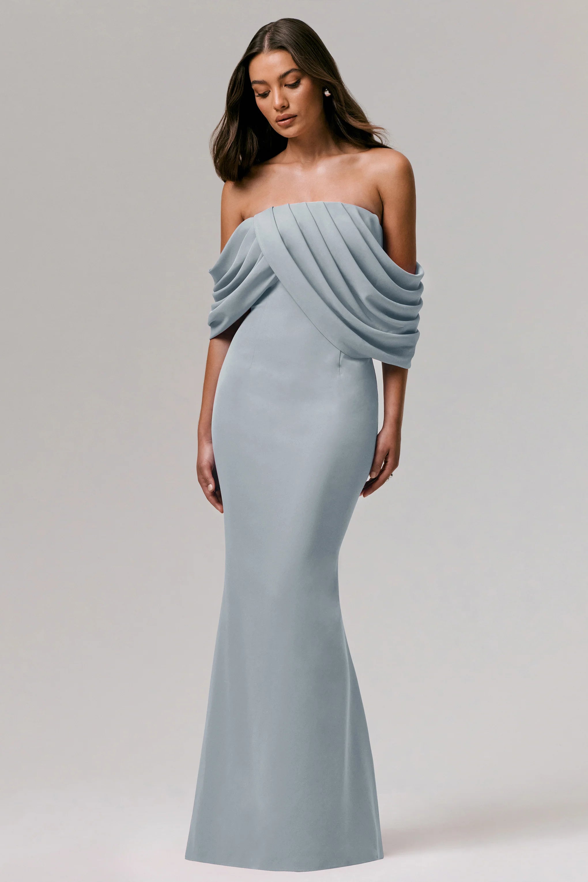 Serene Powder Blue Draped Bardot Maxi Dress