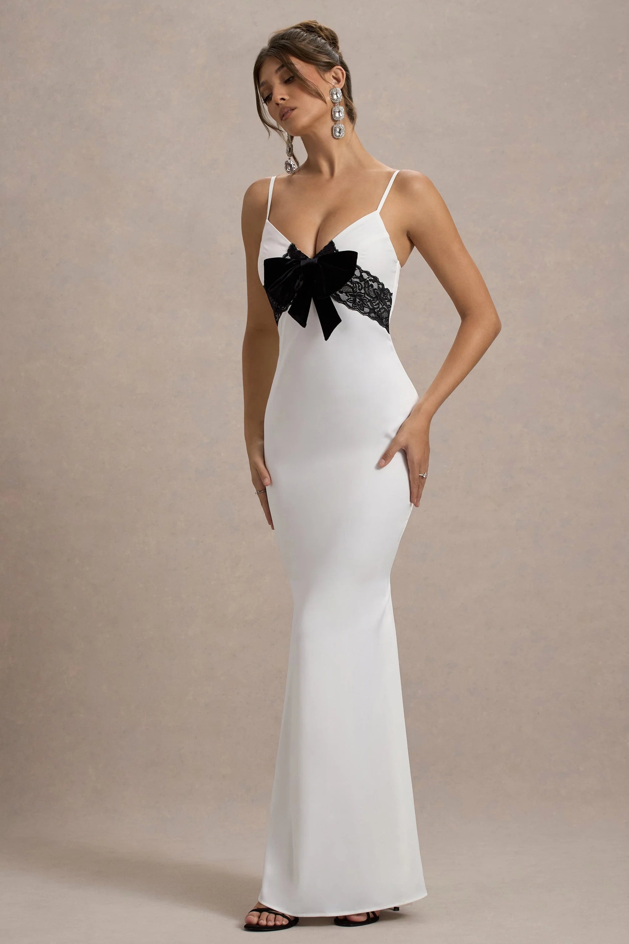 Rumi White Satin Strappy Maxi Dress With Velvet Bow