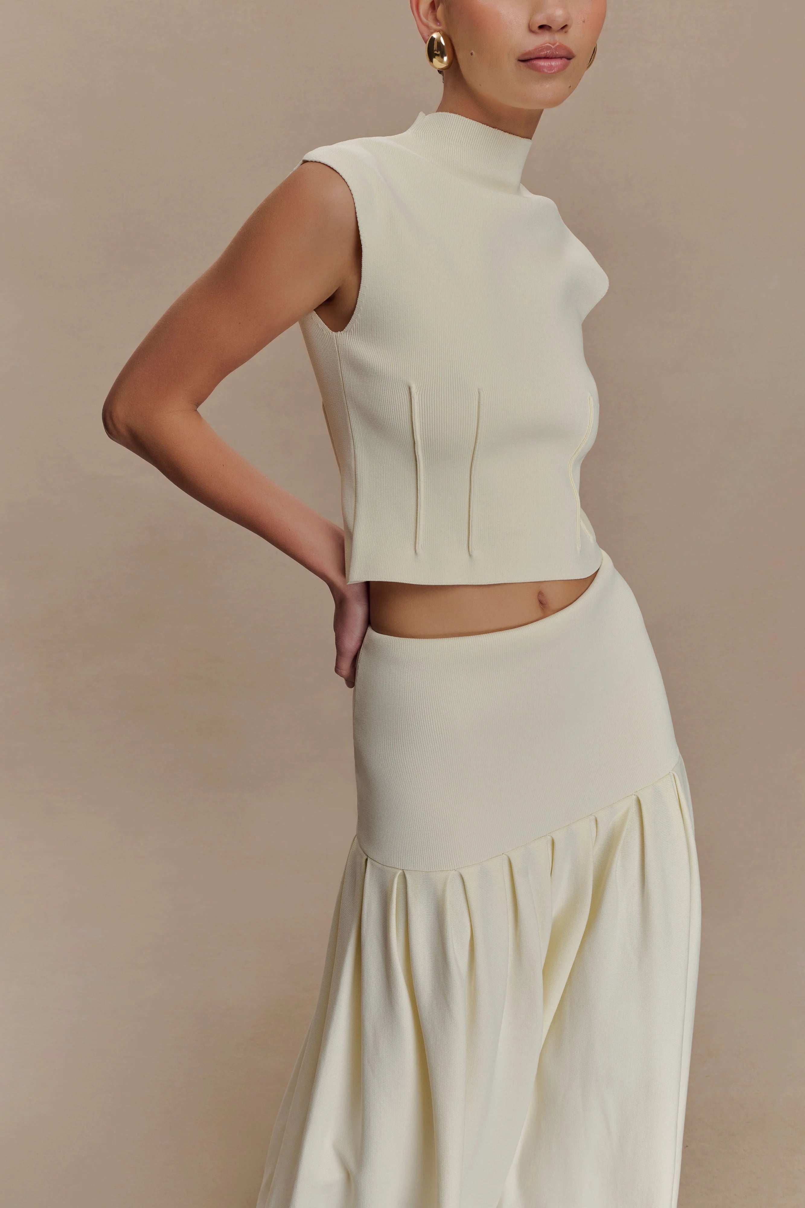 Romaine High Neck Bandage Knit Top Ivory