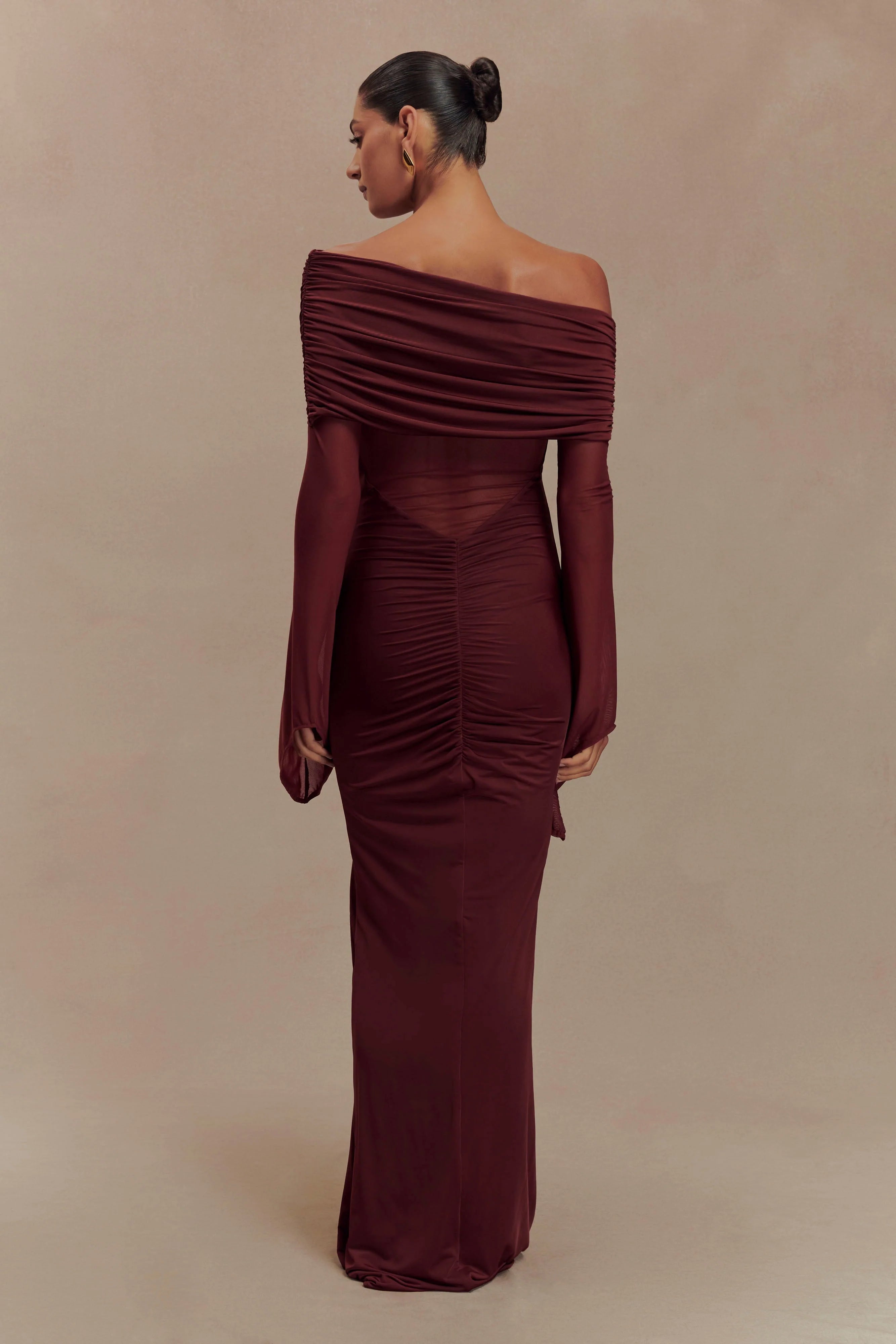 Kaitlin One Shoulder Slinky And Mesh Maxi Dress Burgundy