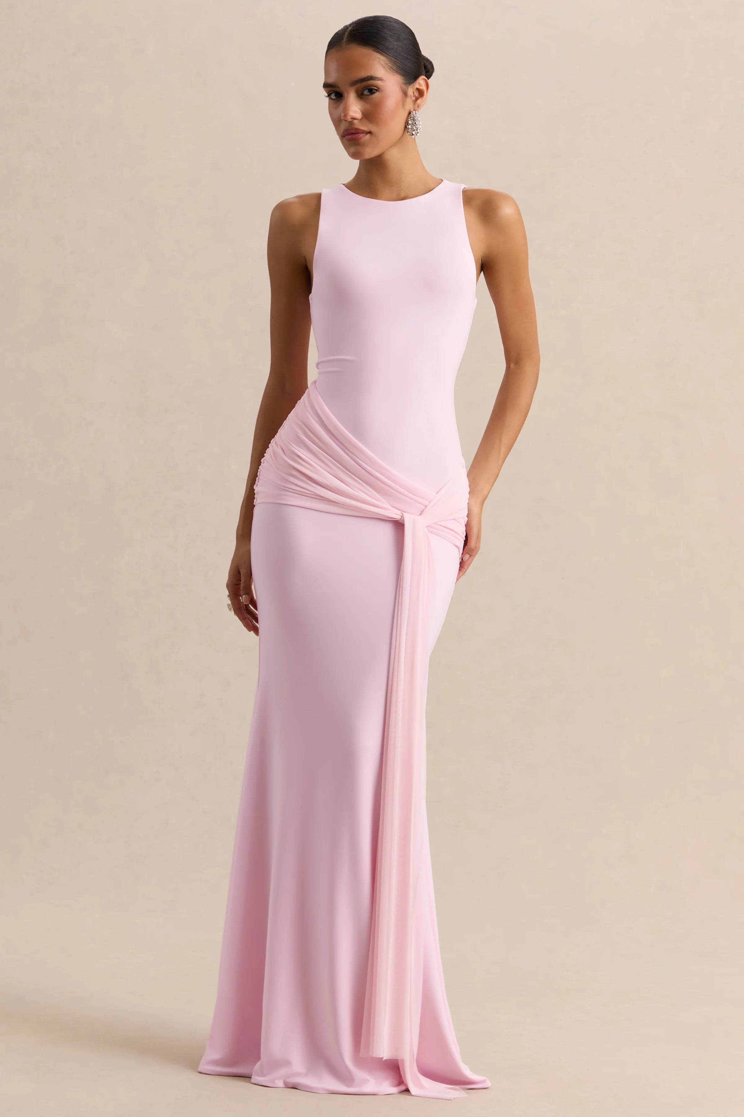 Mirene Light Pink Round Neck Maxi Dress With Gathered Detailing And Sash