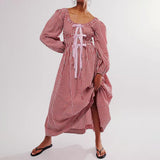 Women Plaid Maxi Dress Long Puff Sleeve Square Neck Flowy Boho Dress Bow Tie Smocked Fall Dresses