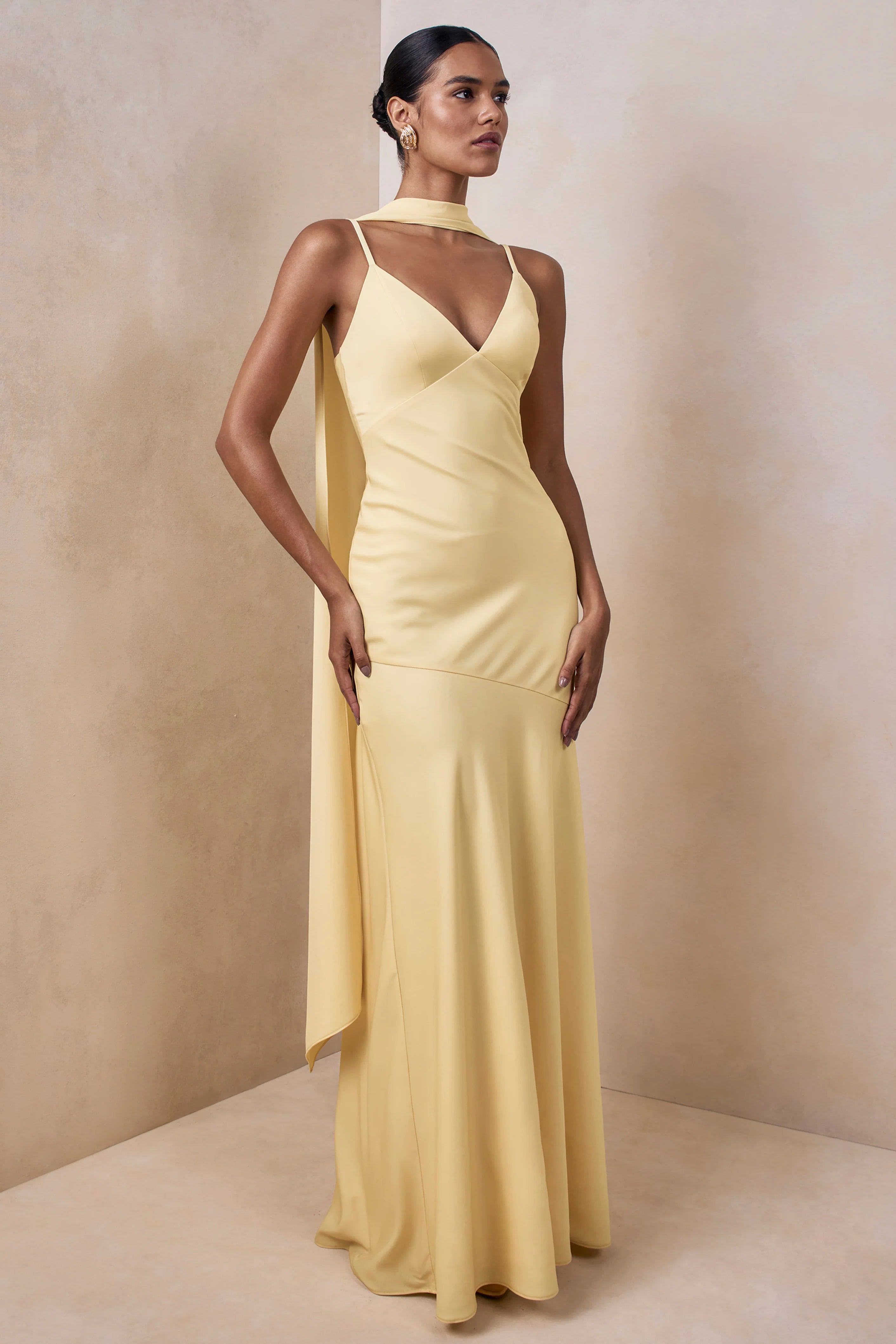 Starling Lemon Matte Satin Plunge Neck Maxi Dress With Scarf Detail