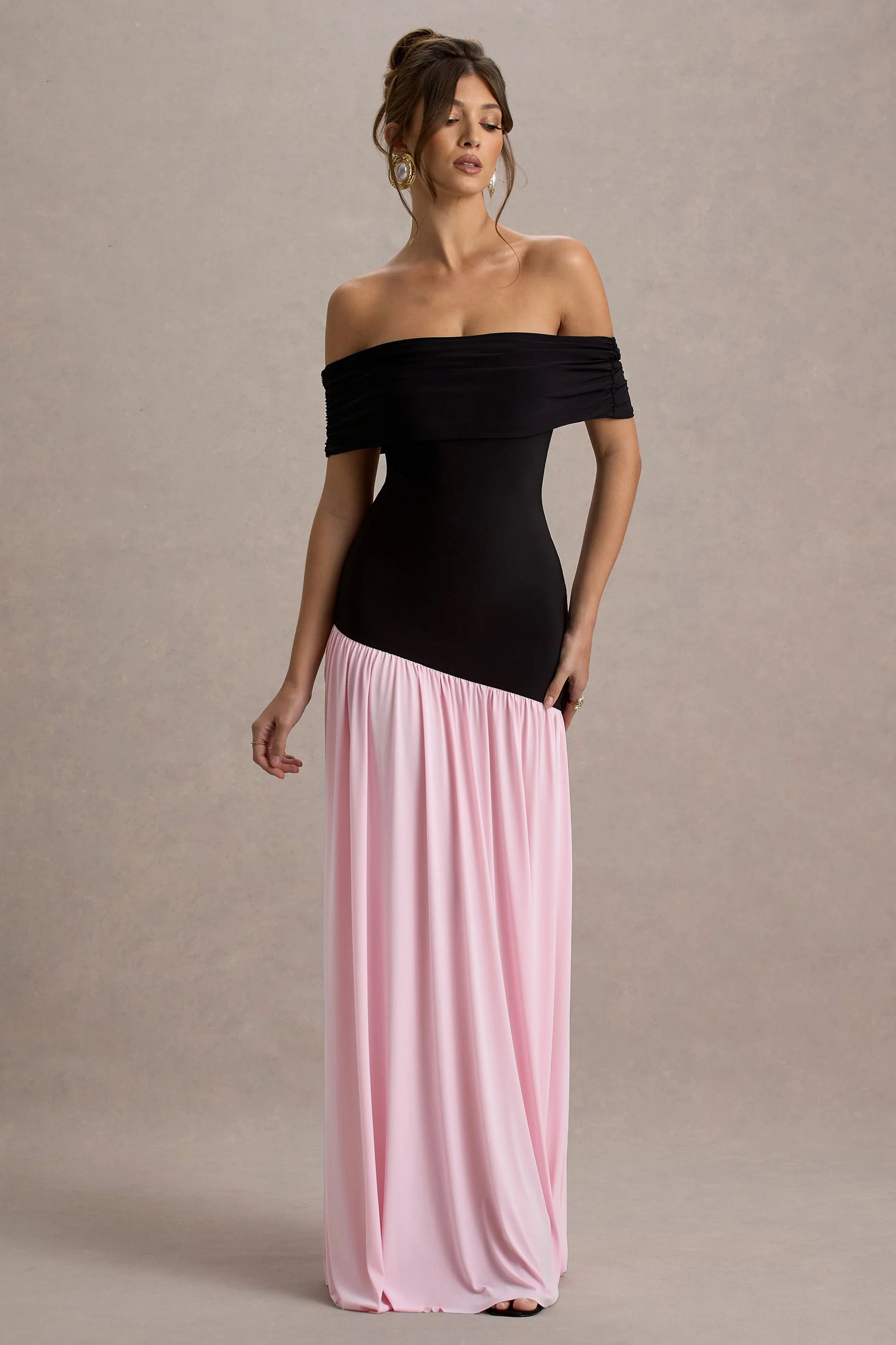 Venezia Black Pink Bardot Maxi Dress With Drop Waist