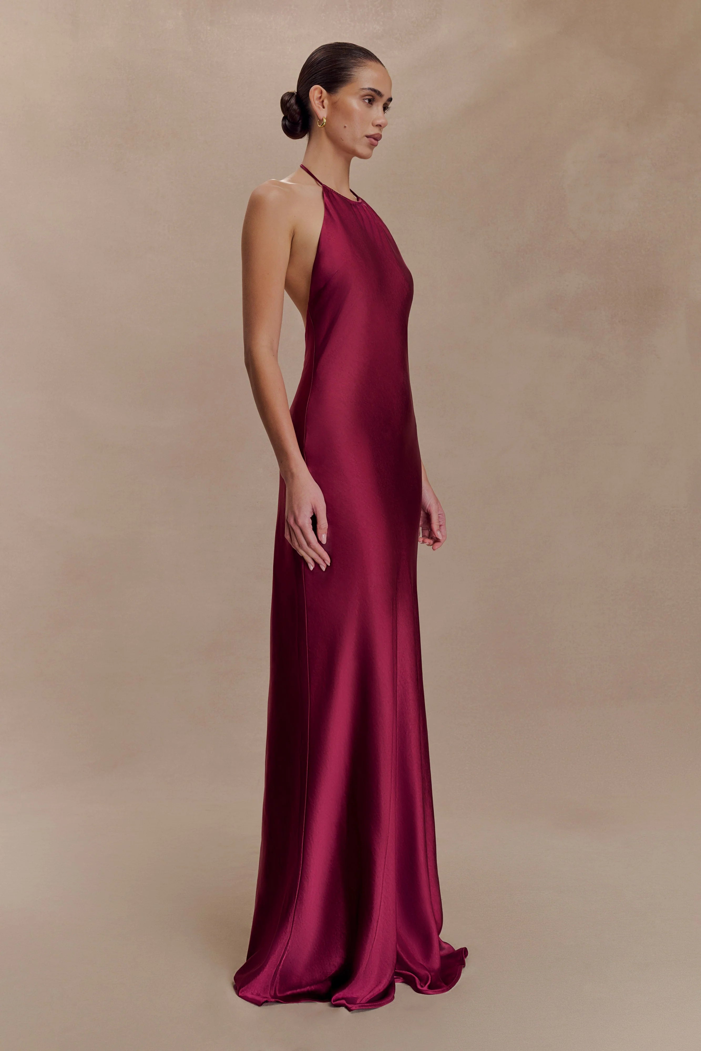 Bella Satin Halter Maxi Dress Mahogany