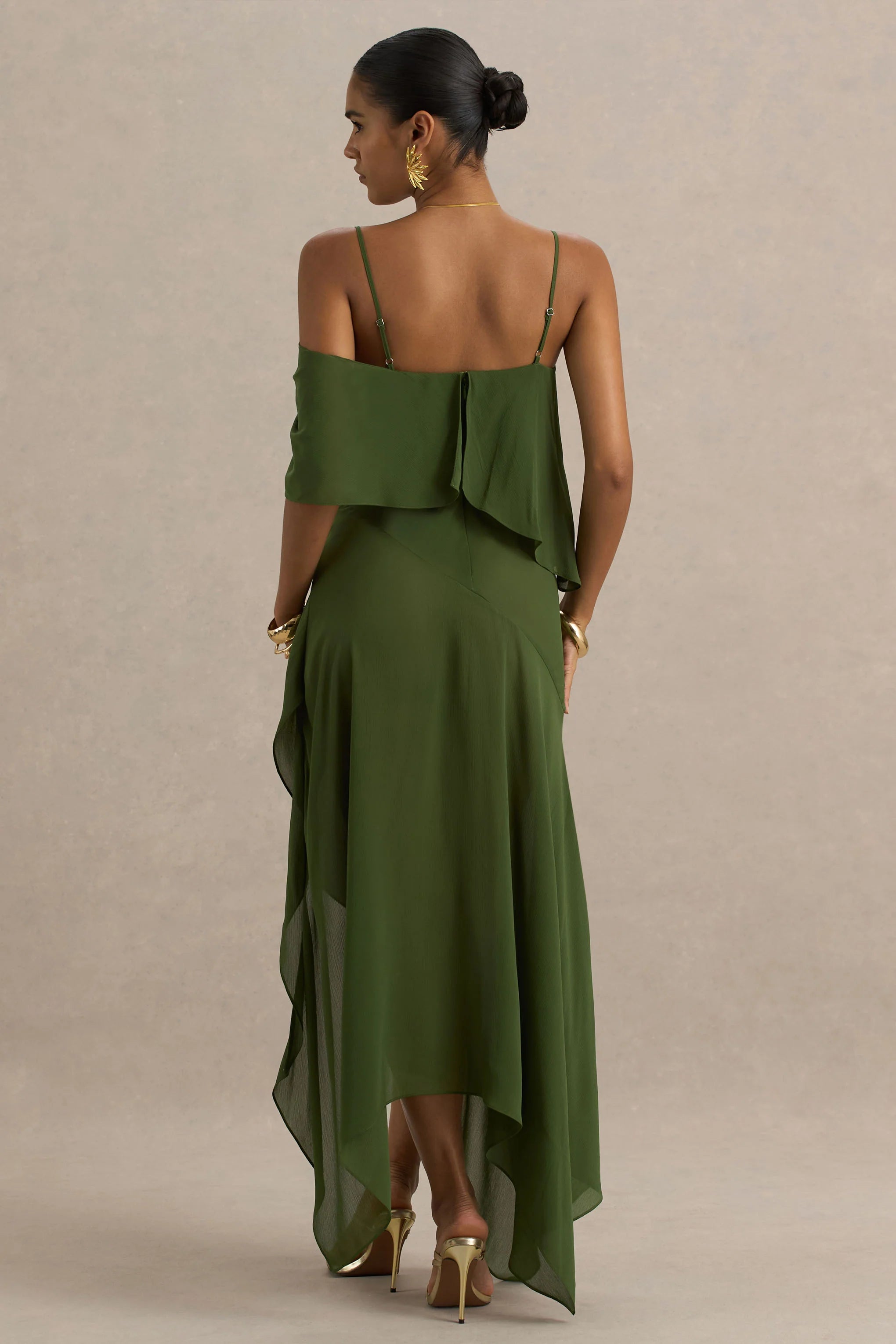 Tiara Green Asymmetric Midi Dress With Draping Detailing and Open Back