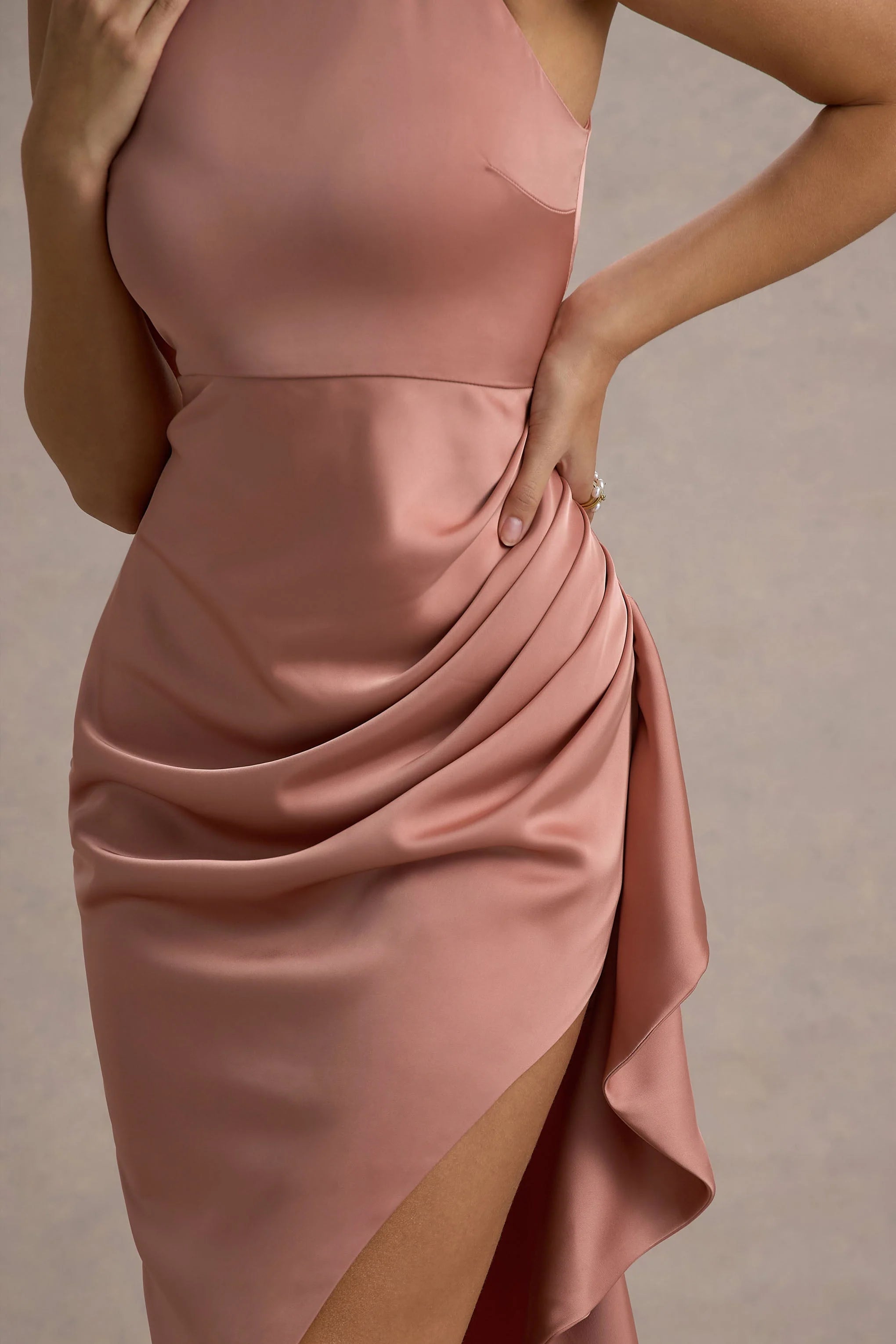 Maureen Pink Satin High Neck Draped Maxi Dress