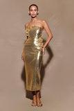 Cassia Strapless Sequin Rose Midi Dress Gold