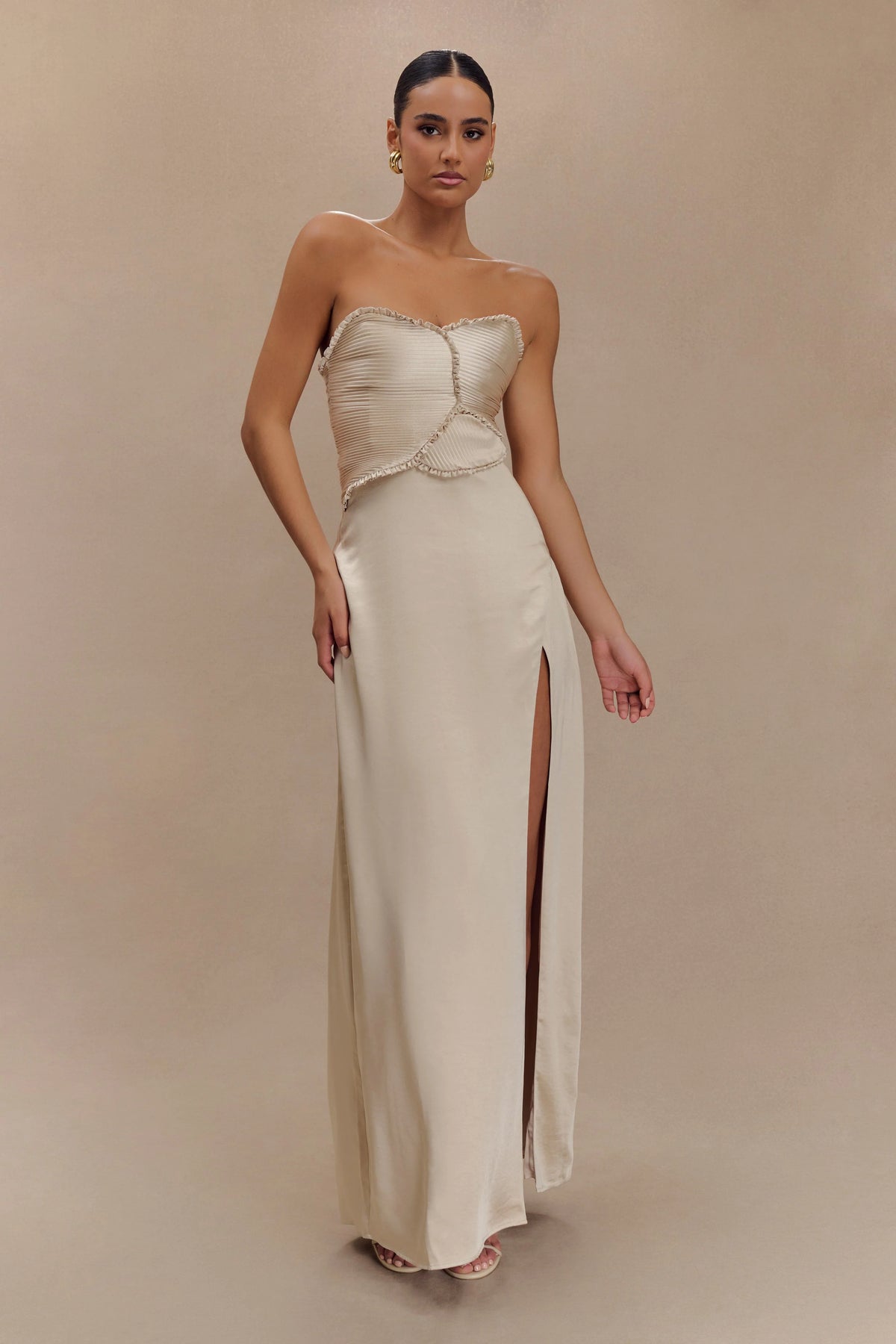 Larissa Satin Maxi Dress With Ruched Petals Blush Gold