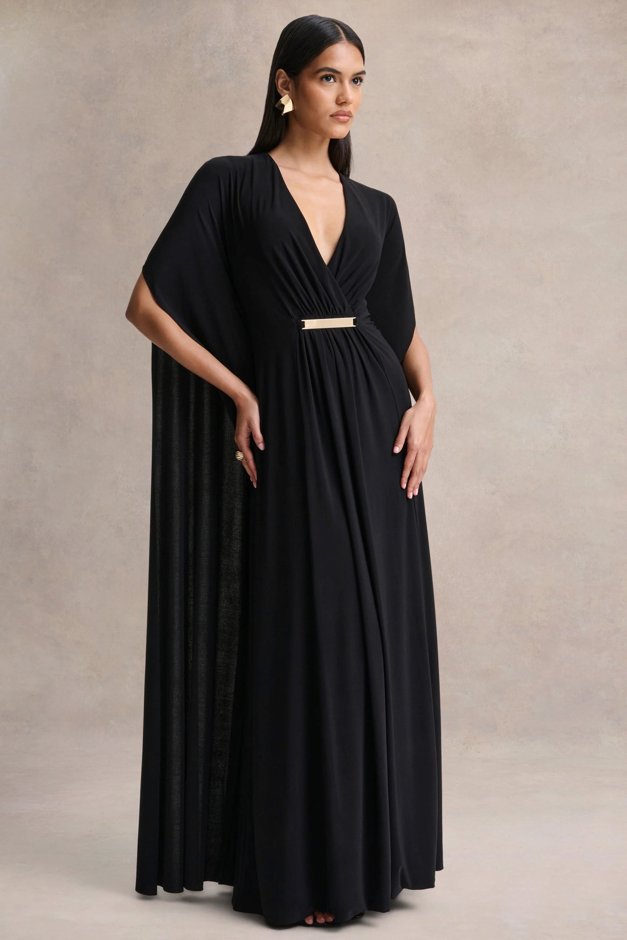 Romilly Black Plunge Neck Maxi Dress With Gathered Detail